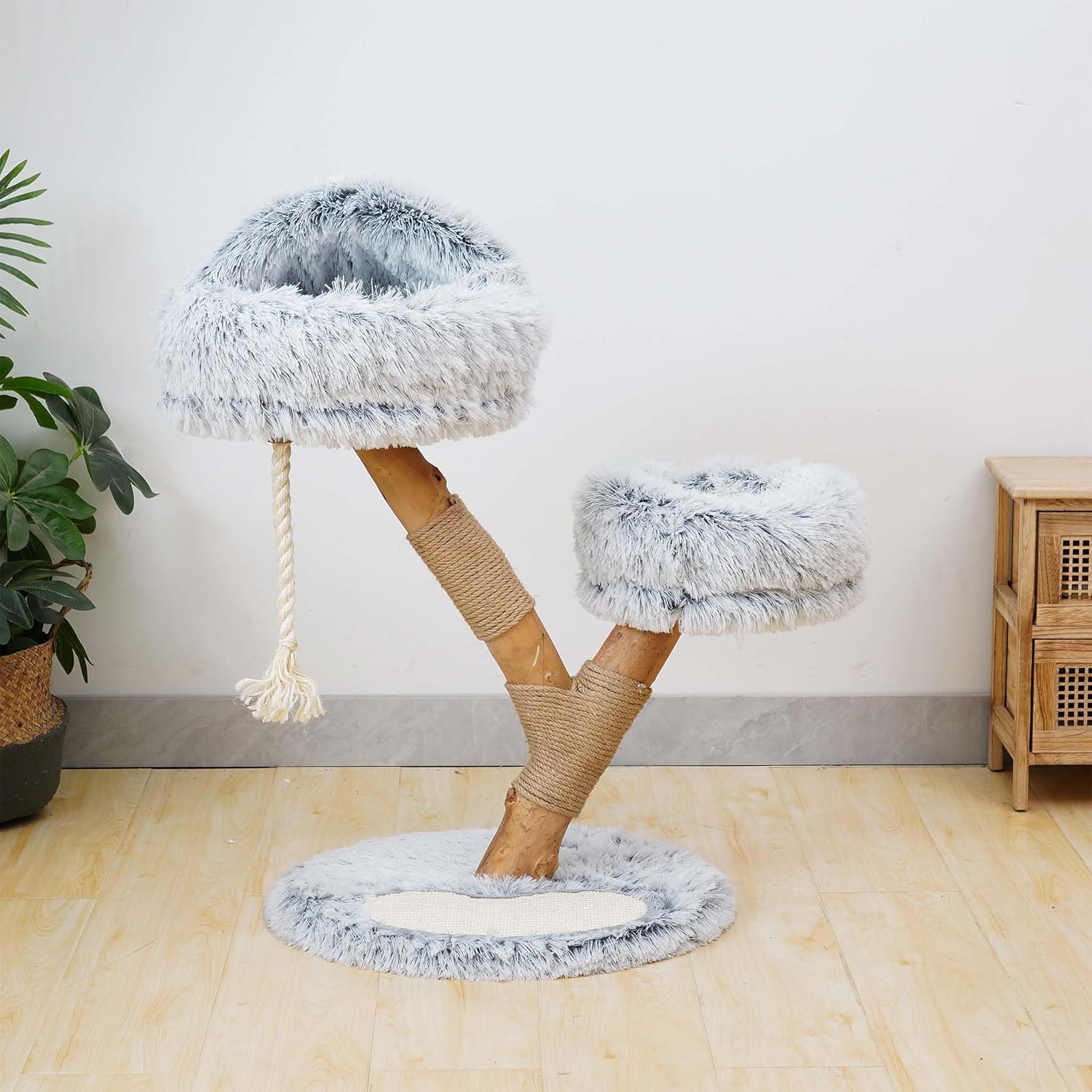 Fudajo Designer Krabpaal in Takontwerp 130 cm hoog, Kattenkrabpaal met Pluche en Sisal, Klimboom voor Katten, Kattenboom met Hanggemat
