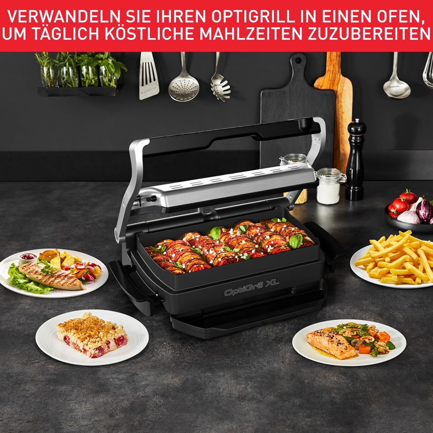 Tefal OptiGrill+ XL | Kontaktgrill mit automatischer Temperatur-Anpassung | 9 automatische Programme | XL-Grillfläche | inklusive Backschale | GC724D12