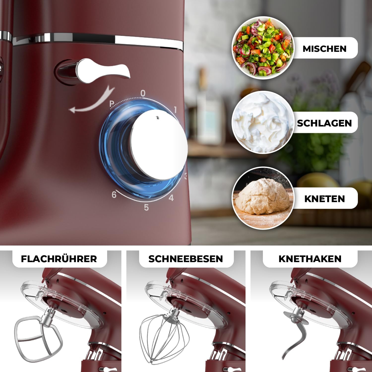 Fentic 6-in-1 Küchenmaschine – 2000W – Mit Fleischwolf, 1,5L Entsafter, Gemüseschneider und Mehr – Knetmaschine mit 6,2L Rührschüssel, Rührhaken, Knethaken, Schlagbesen und Spritzschutz (Schwarz)