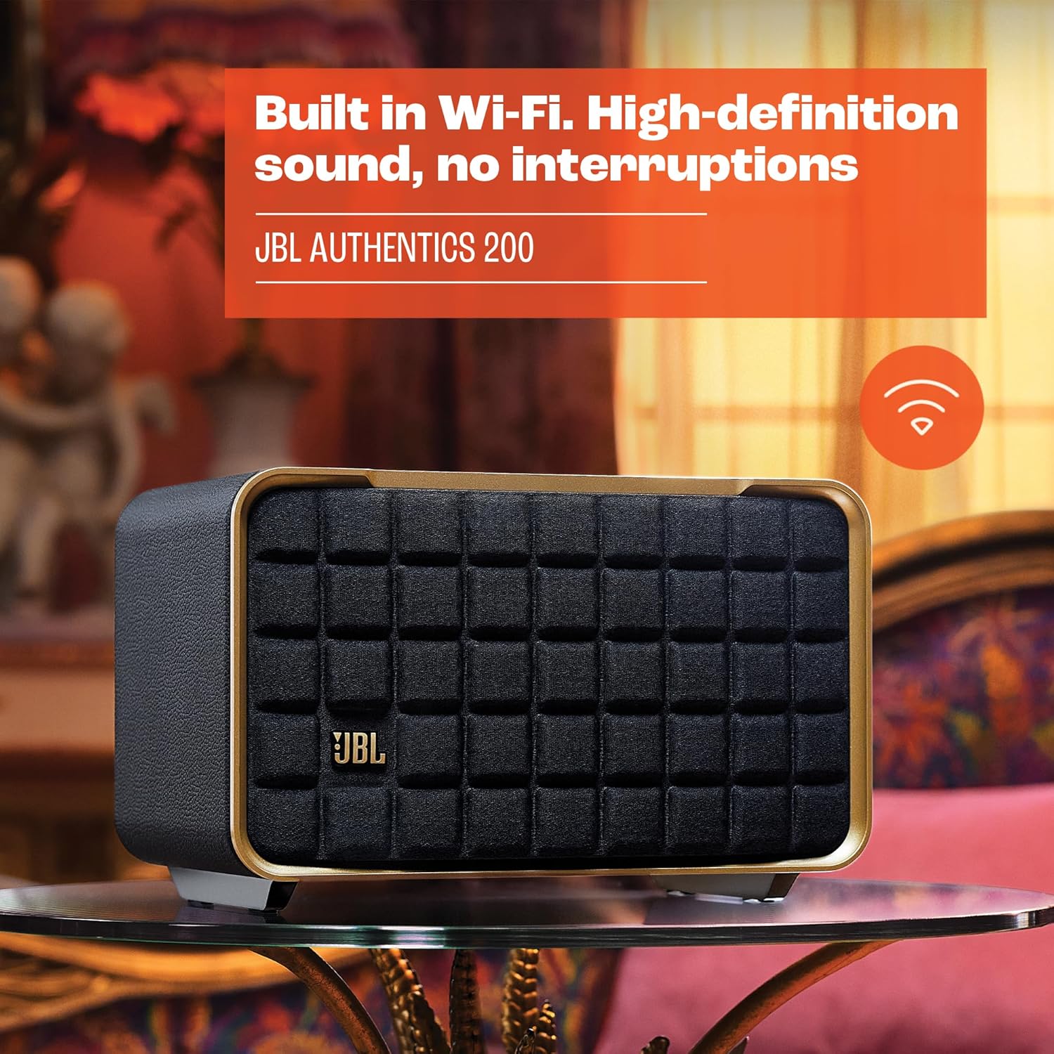 JBL Authentics 200 Smart Home Lautsprecher – 70er Jahre Retro-Design Bluetooth Box – Mit Quadrex Grill, Google Assistant, Alexa, AirPlay und JBL One App – Schwarz