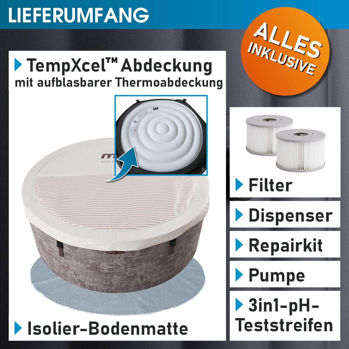 BRAST Whirlpool MSpa | 4-8 Personen | viele Modelle rund und eckig | Ø 125-224cm | In- Outdoor Pool | bis zu 144 Massagedüsen | inkl. Aufblasfunktion Abdeckung Timer Heizung | Cocoon