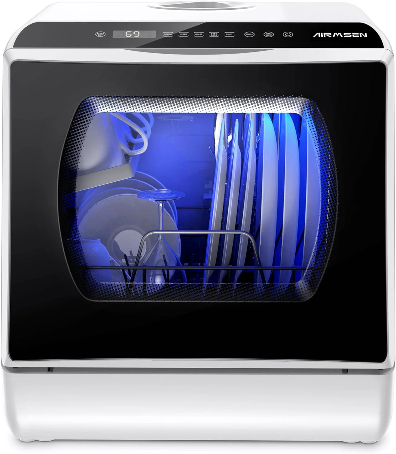 AIRMSEN Mini Geschirrsp��ler Tischgeschirrsp��ler mit 5+1 Programme 5L Wassertank, 2 Wege Wasserversorgung, Touch Control & LED-Display, Geeignet f��r Hausk��chen, Wohnungen, Schlafs?le, Wei? & Schwarz