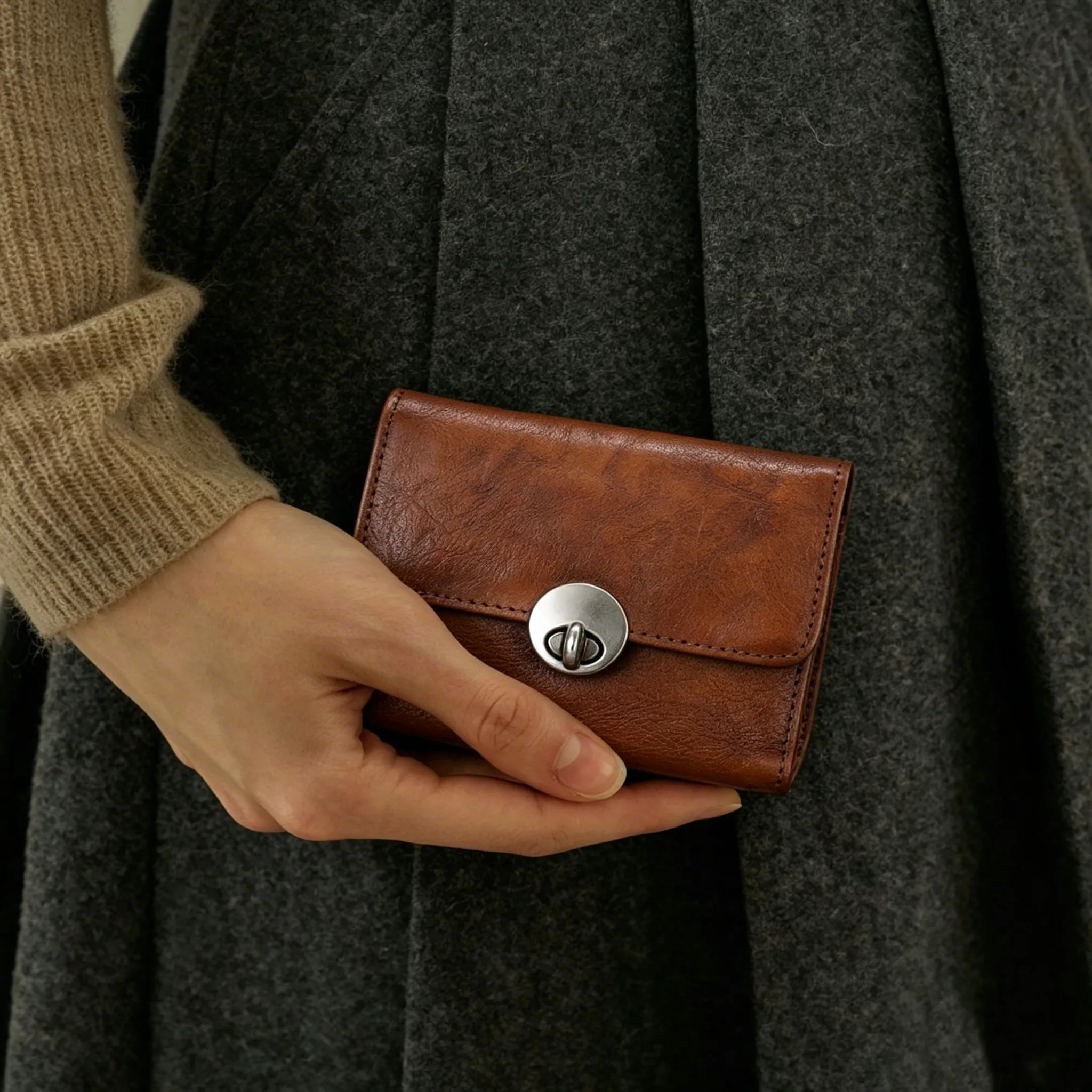 Small Turn Lock Full-Grain Leather Wallet