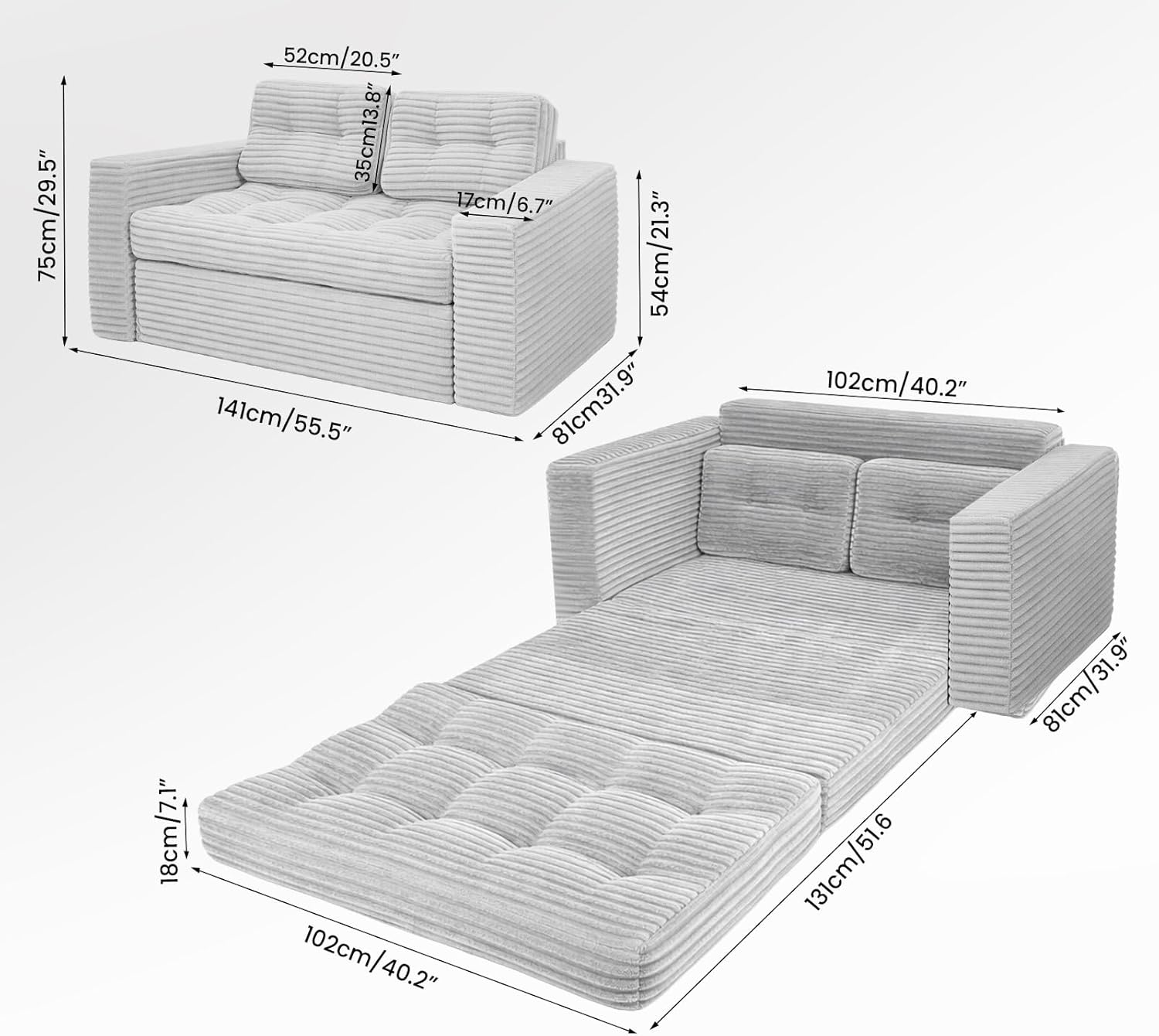 Bodensofa Schlafsofa Bed mit Pillow Back Support Armrest 140 cm Breit Klappbar Sofa 2-in-1 Design für Wohnzimmer, Schlafzimmer und Gästezimmer Grau