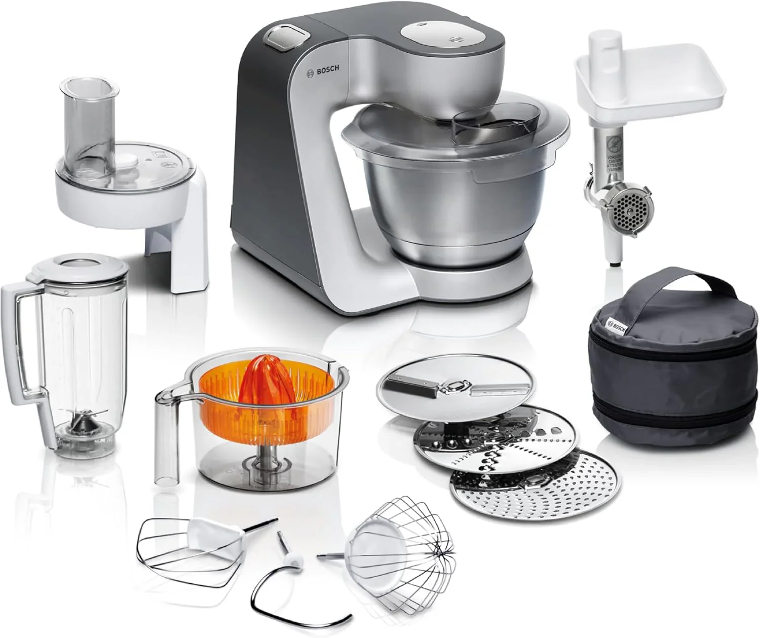 Bosch K��chenmaschine Serie 4 MUM56340, Sch��ssel 3,9 L, Mixer 1,25 L, Fleischwolf, Zitruspresse, Planetenr��hrwerk, Knethaken, Schlag-, R��hrbesen, Durchlaufschnitzler, 3 Scheiben, 900 W, Silber/ Grau
