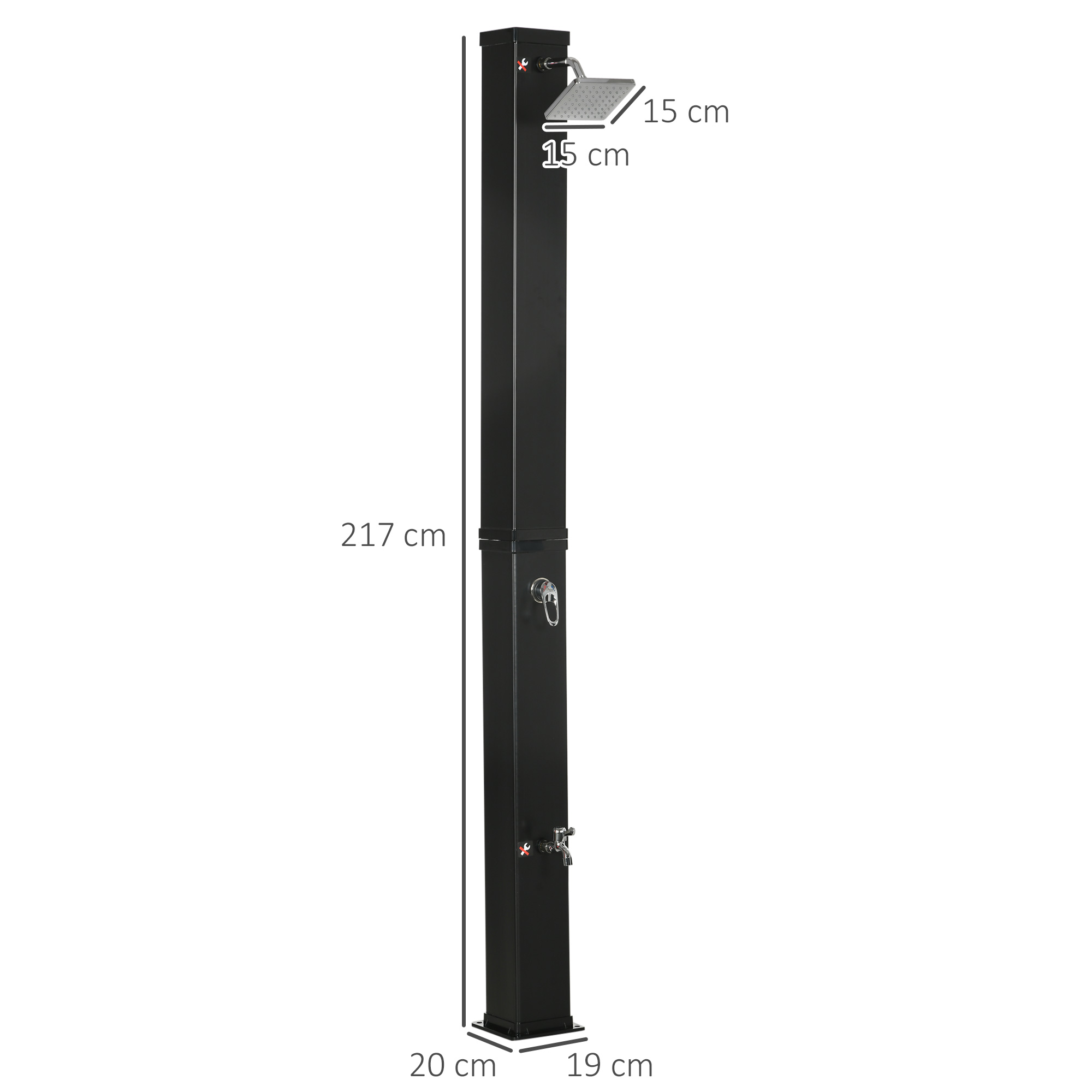 zonnedouche, 360�� draaibare douchekop, voetdouche, waterverwarming tot 60�� C, zwart, 19 x 20 x 217 cm
