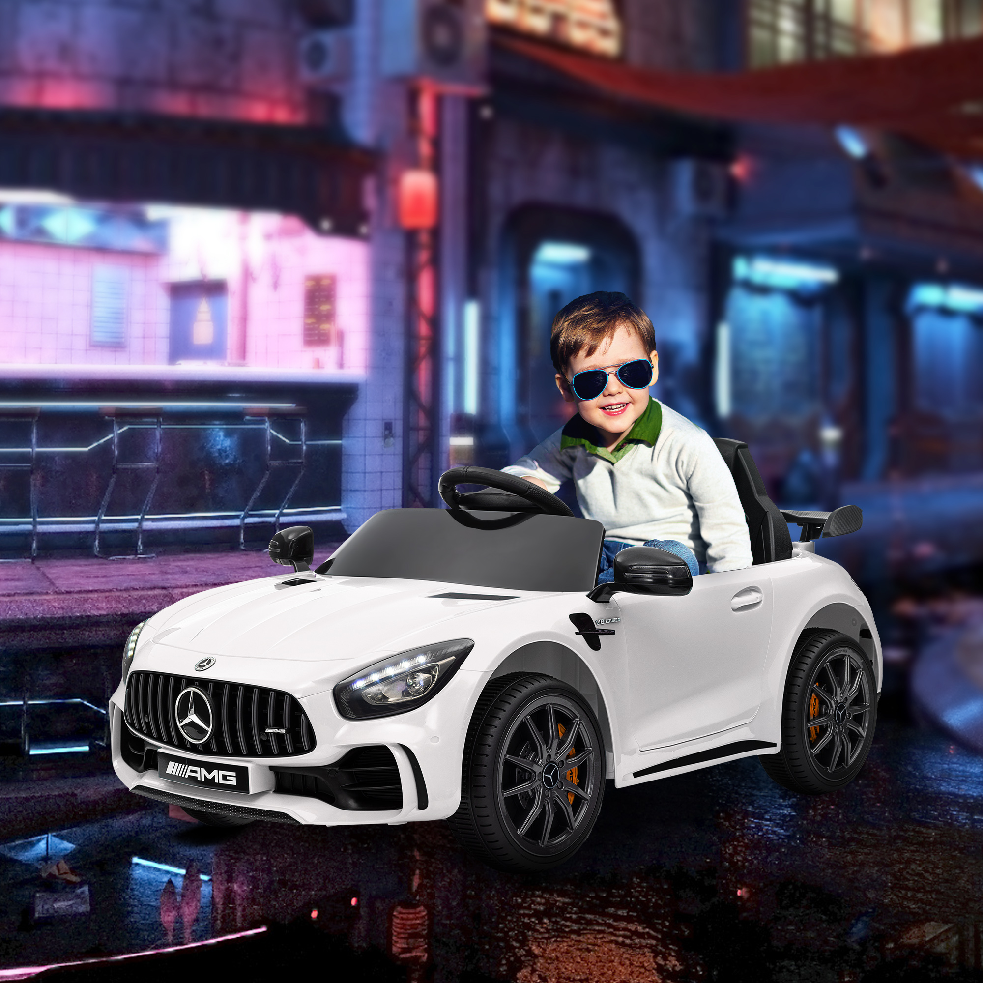 AIYAPLAY Elektrisch Kinderauto, Mercedes, 3-5 km/u, Afstandsbediening, Licht & Muziek, Wit