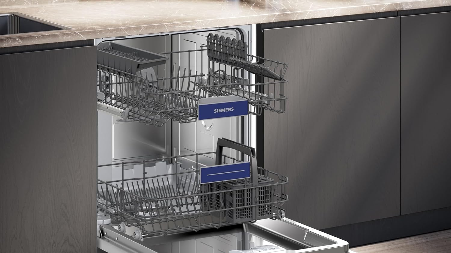 Siemens SN63EX06VE, iQ300 Smarter Geschirrspüler, Vollintegrierte Spülmaschine, 60 cm, Besteckschublade, Extra leise, varioSpeed, Automatische Türöffnung, Dreifach rackMatic, infoLight, intesiveZone