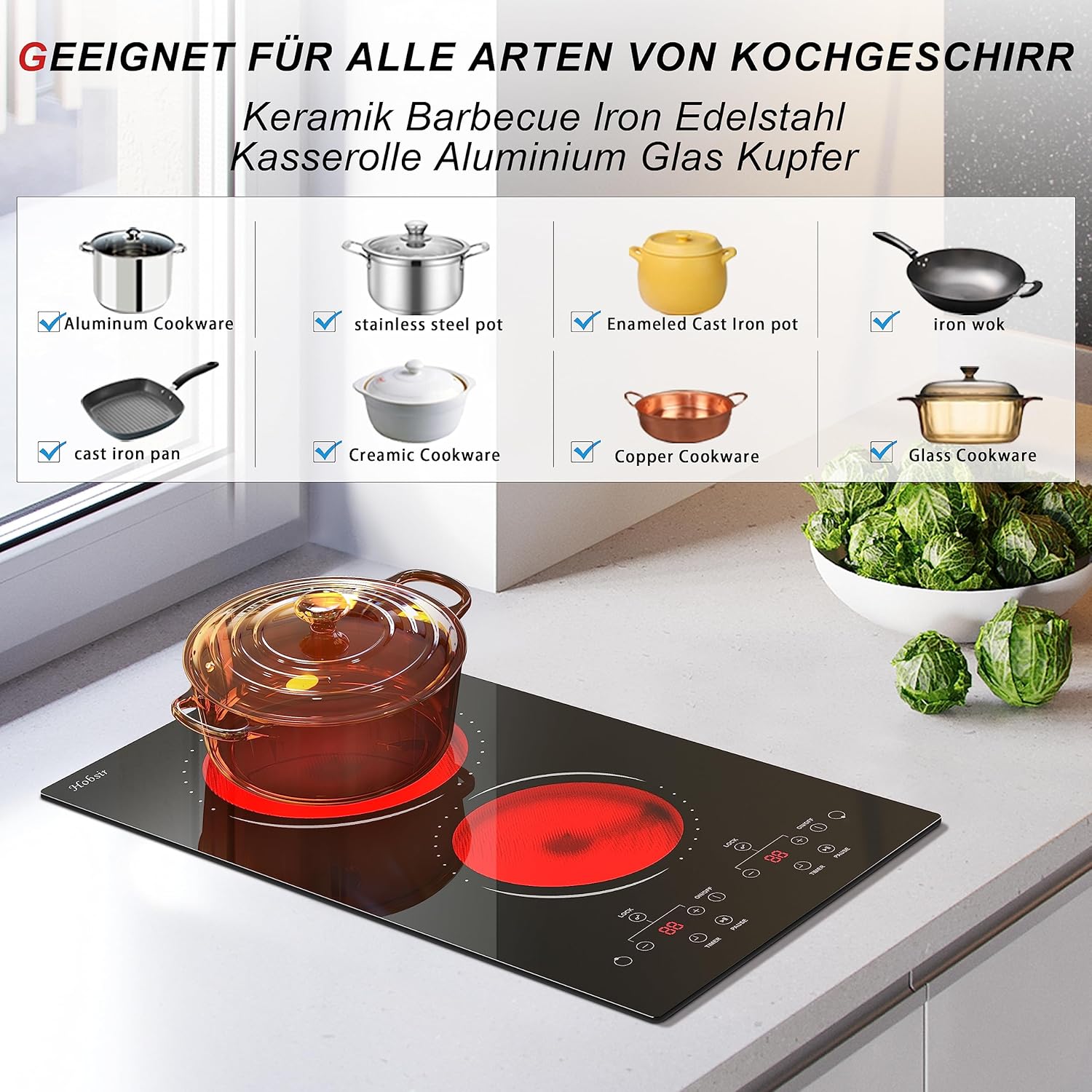 Glaskeramikkochfeld 4 Zonen Kochfelder Sensor-touch Control Kochfeld Autark 60cm, 6000W, 9 Leistungsstufe, verkabelt, kein Stecker