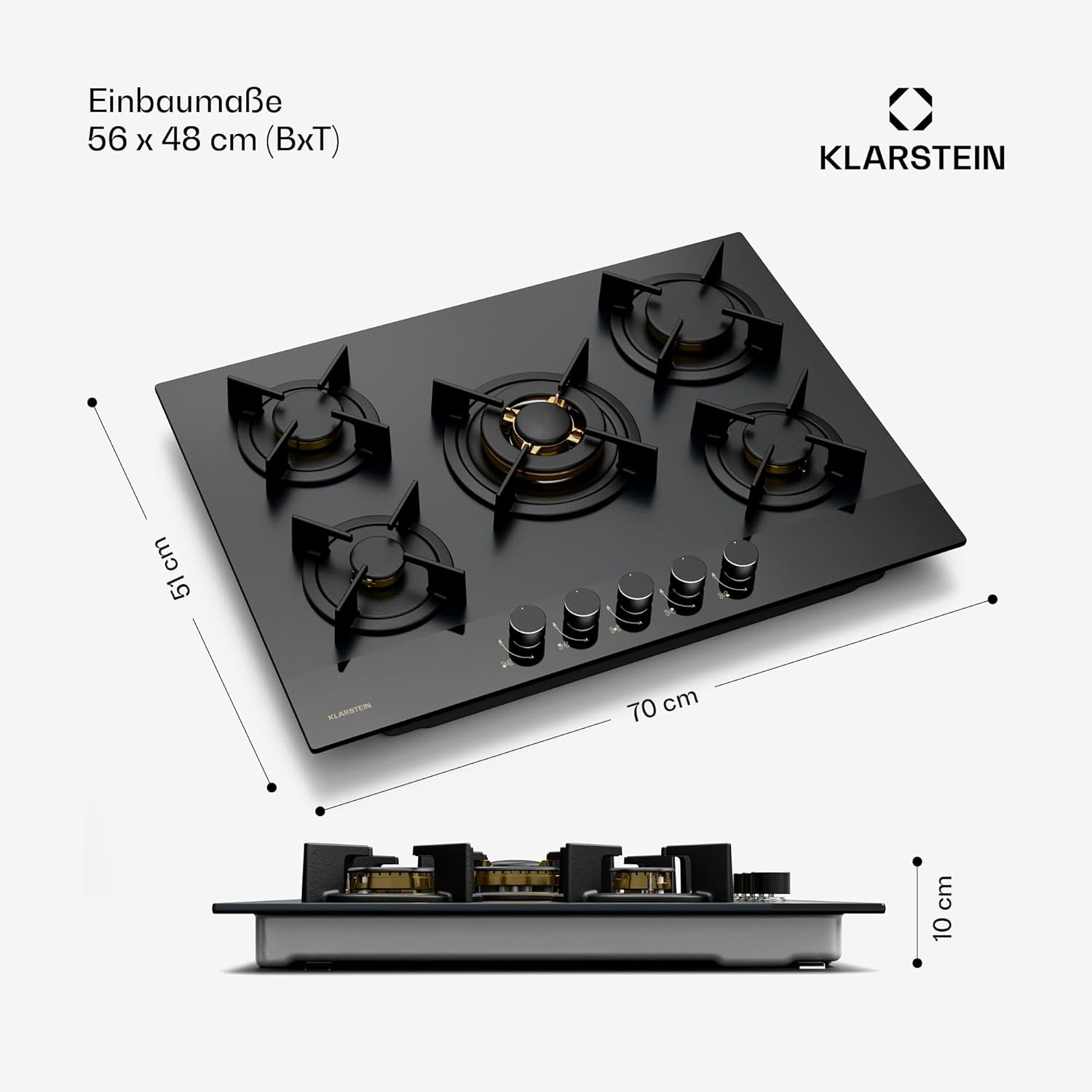 Klarstein Gasherd, Gaskochfeld 5 Flammen, Einbau-Gaskocher für Zuhause & Wohnmobil, Campingkocher mit Glasplatte, Gasherd für Propan- und Erdgas, Edelstahl Gas-Herdplatte Wok Brenner 10400 Watt