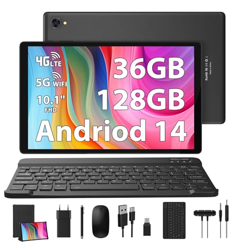 RUSHAR Tablet 10 Pollici Android 14 con 4G LTE e WiFi 5G,36GB RAM   128GB ROM (1TB TF),Octa Core 2.0 GHz,8000mAh,Bluetooth 5.0,GPS,8MP   13MP,Tablet con Tastiera   Mouse   Manica,Nero : Informatica