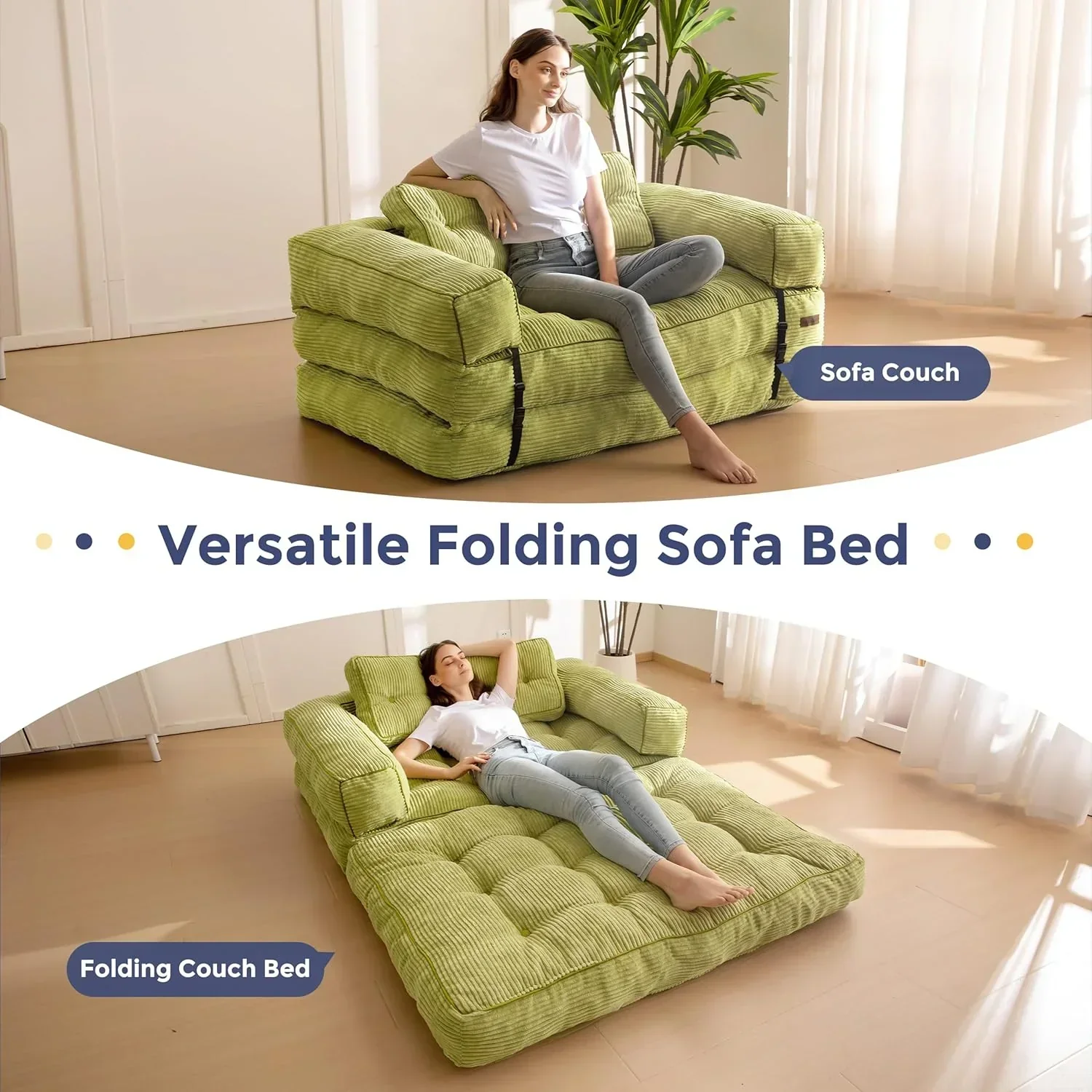 Folding Sofa Bed L-Shaped Convertible Sofa Bed with Armrests and Pillows