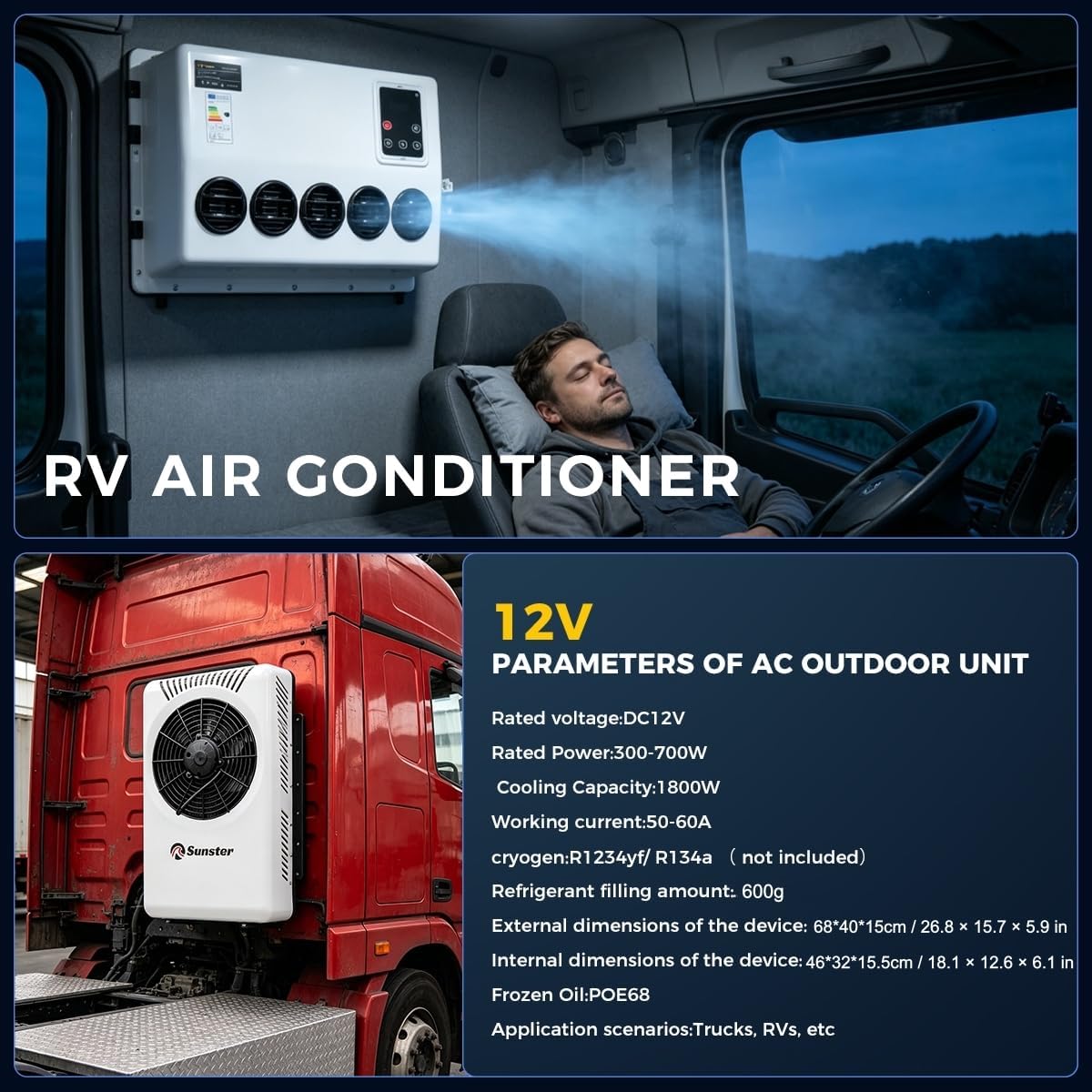Sunster Auto Klimaanlage Kit, DC 12V Wohnwagen Klimaanlage, Split Klimaanlage Kühlsystem für das Parken großer LKW, Autos und Busse
