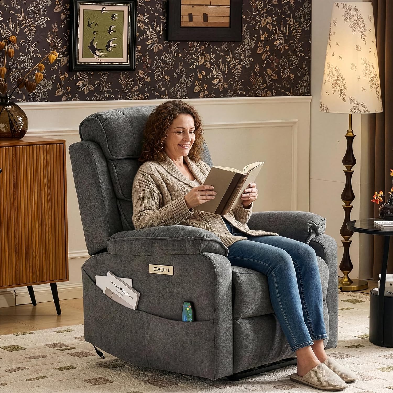 LEADZM Fernsehsessel Relaxsessel mit drahtloser Ladevorrichtung, 1 USB-Anschluss, 1 USB-C-Ladeanschluss, Liegen TV Sessel mit Massage Heizung, Getränkehalter (Dunkelgrau)