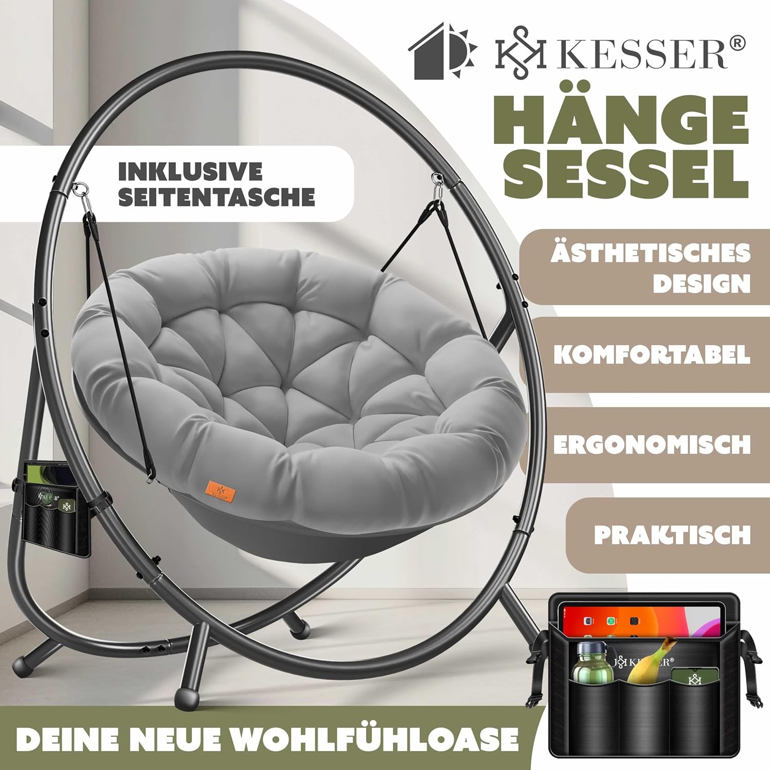 KESSER® Hängesessel mit Gestell Bali Hängeschaukel Hängestuhl bis 150kg für Indoor und Outdoor + Kissen & Seitentasche Hängekorb Stahlgestell & Schaumstoff Sitzpolster