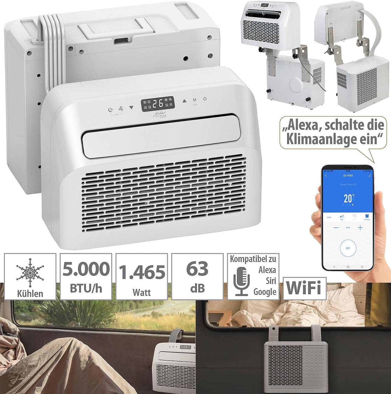 Sichler Haushaltsgeräte Klimaanlage Wohnwagen: Mobile Split-Klimaanlage, Entfeuchterfunktion, WLAN & App, 5.000 BTU/h (Mini Split, ohne Bohren, PCs)