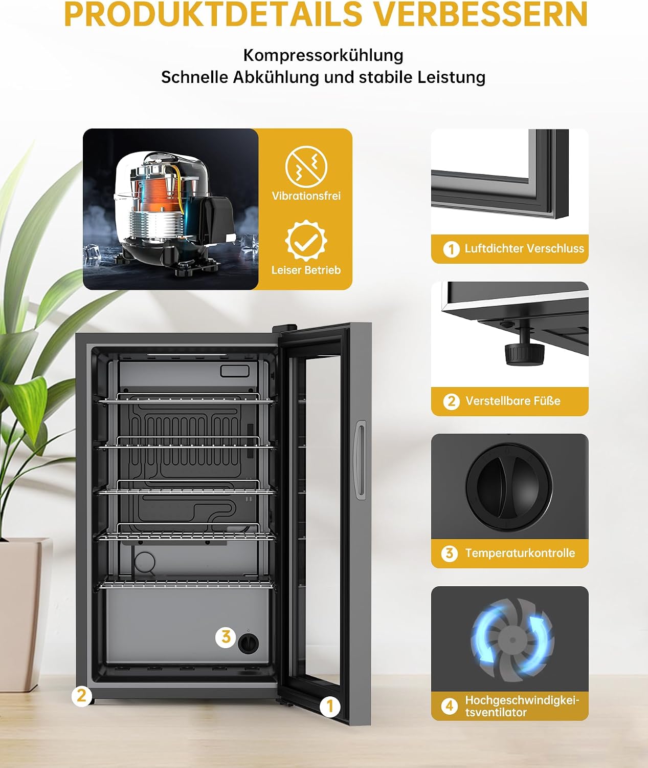 WIE Mini Kühlschrank Getränkekühlschrank 70 Liter mit Doppelte Glastür mit Verstellbaren Ablagen Indoor Outdoor Klein Bierkühlschrank Leise 105 Dosen für Soda/Bier/Wine für Zuhause/Küche/Bar/Büro