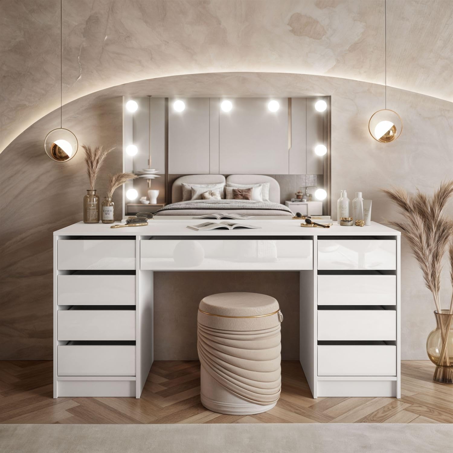 Lookway Schminktisch MADA Elite II mit LED-Spiegel - Eleganter Kaschmir oder Weiß Hochglanz, Wandmontage, Geräumige Schubladen (Weiß/Weiß Hochglanz)