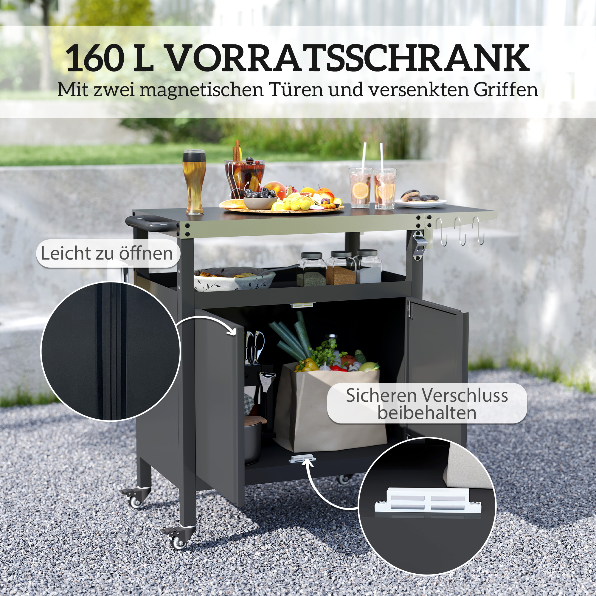 Outsunny Grillwagen met 3 Niveaus Serveerwagen met Werkblad Schrank Haken Wieltjes 116x50x93cm Zwart