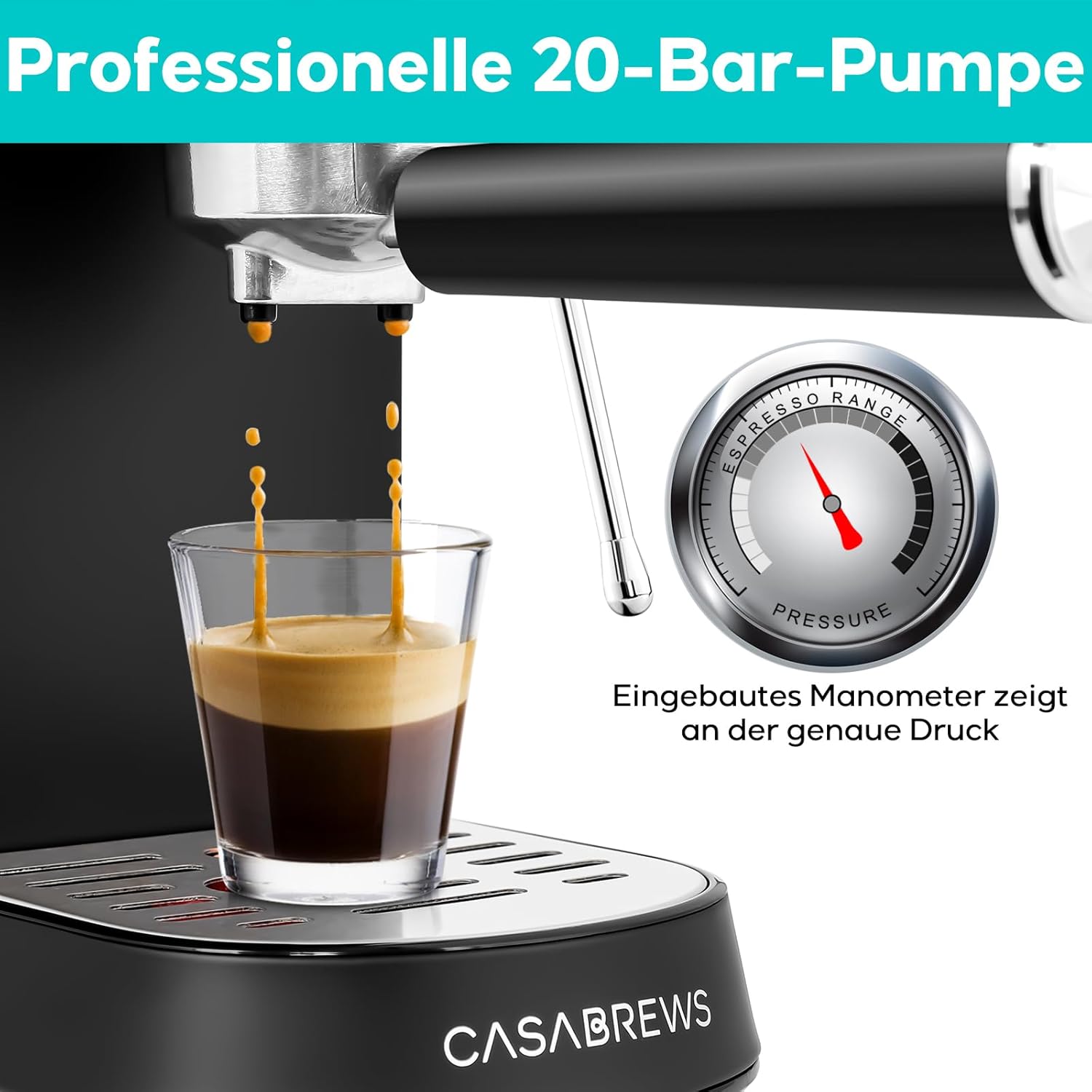 CASABREWS Espresso Siebträgermaschine 20 Bar, Edelstahl-Espressomaschine mit professionellem Milchaufschäumer, Klein Kaffeemaschine Espresso für Cappuccino, Latte & Macchiato, 1L Wassertank, Schwarz