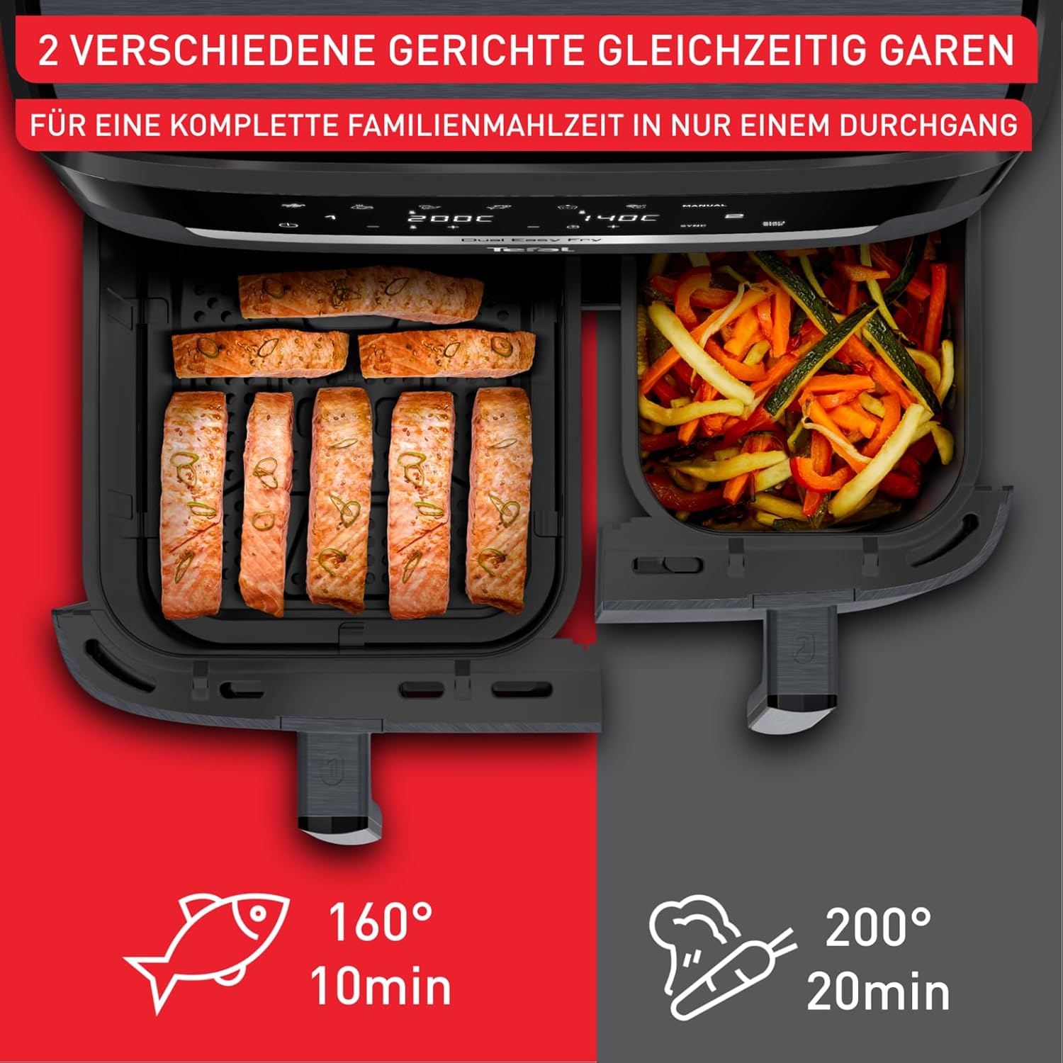 Tefal Dual Easy Fry Heißluftfritteuse Doppelkammer, 5,2/3,1 L Fassungsvermögen, zwei unabhängige Schubladen, 7 automatische Programme, energiesparend, schwarz, EY9018