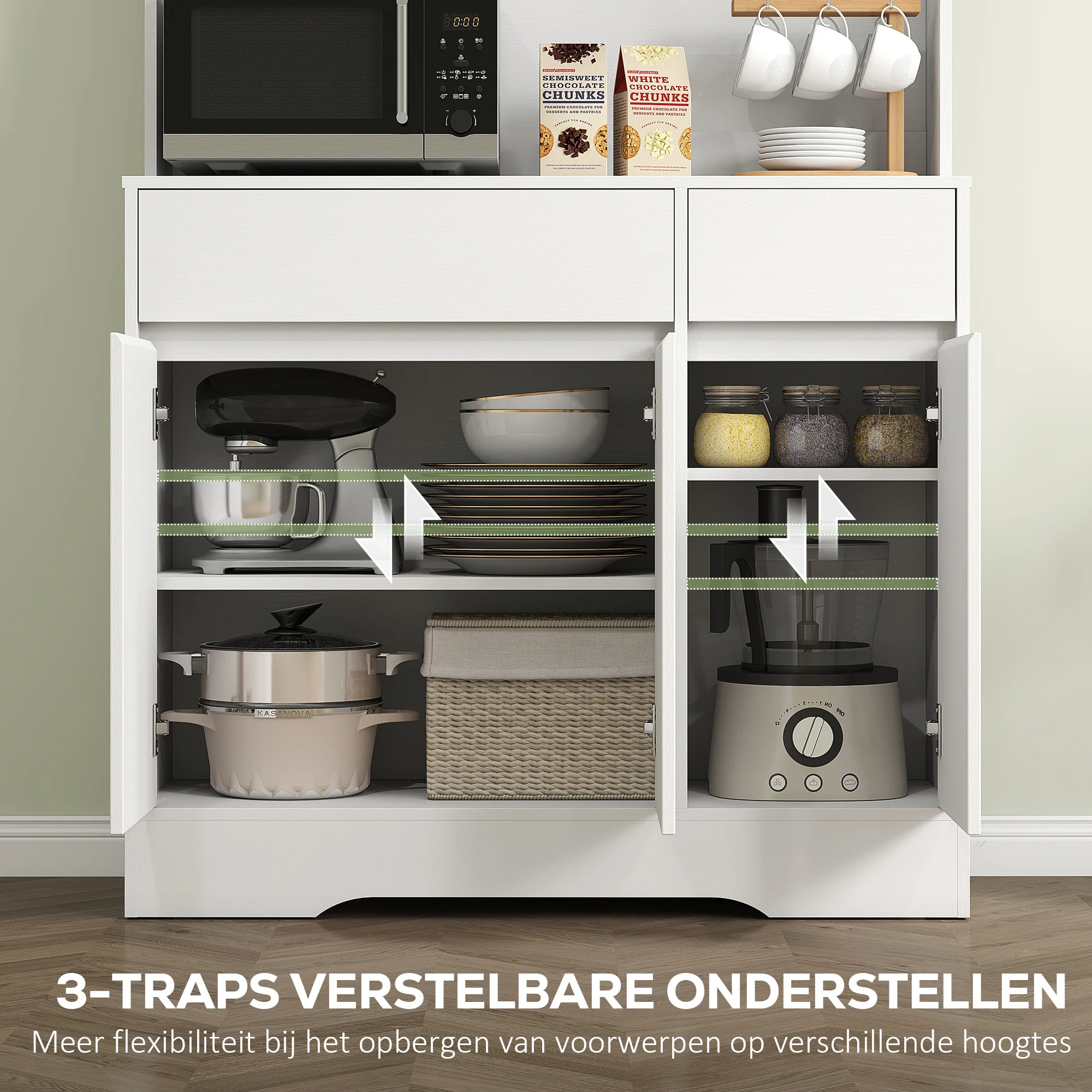 HOMCOM Keukenkast met Open Werkblad, 6 Kastdeuren, 2 Laden, Verstelbare Planken, Kabelgaten, Spaanplaat, Wit