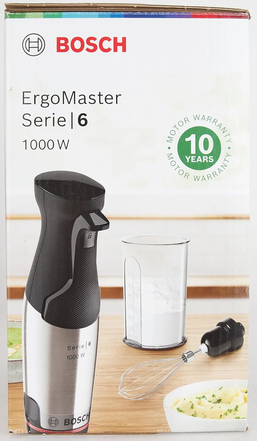 Bosch staafmixer ErgoMaster Serie 6 MSM6M673, 10 jaar motorgarantie, roestvrijstalen messen, slijtagevrije keramische koppeling, luchtkoeling, hakmolen, pureerstamper, garde, 1000 W