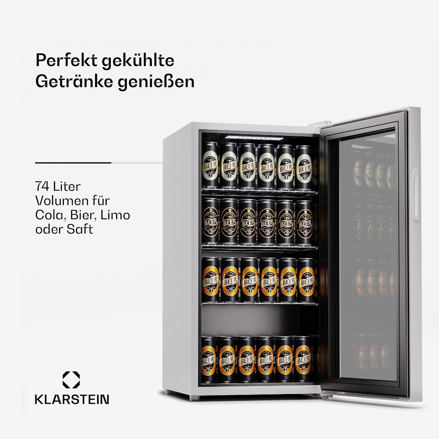 Klarstein Kühlschrank mit Glastür, Leiser Edelstahl-Kühlschrank, Indoor/Outdoor Getränkekühlschrank, Schmaler Weinkühlschrank für Getränke, 74L Kühlschrank mit Herausnehmbare Ablagen, 5-18°C