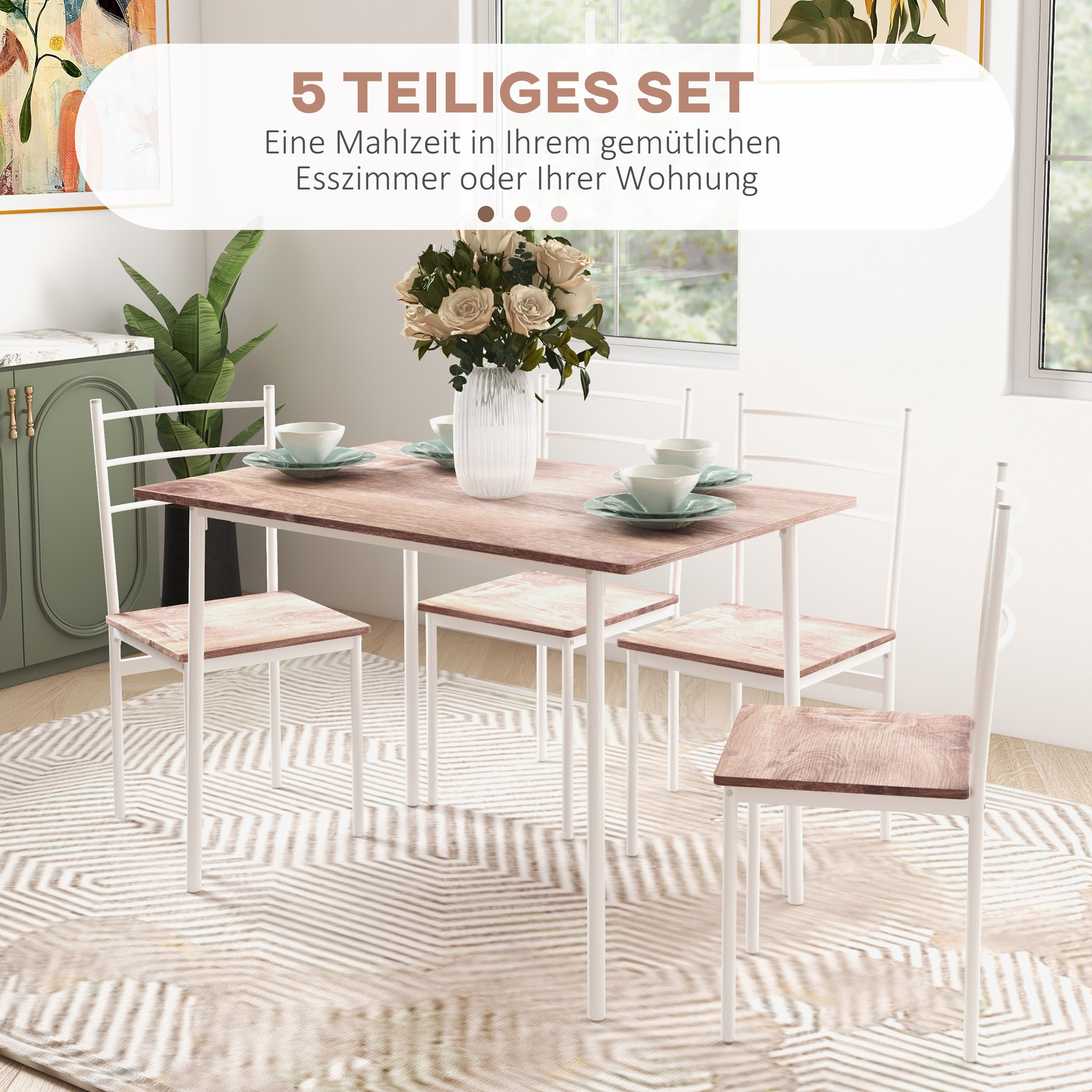 5-delige Eetgroep Eettafel met Stoelen Zitgroep, Modern Ontwerp, Natuur + Wit