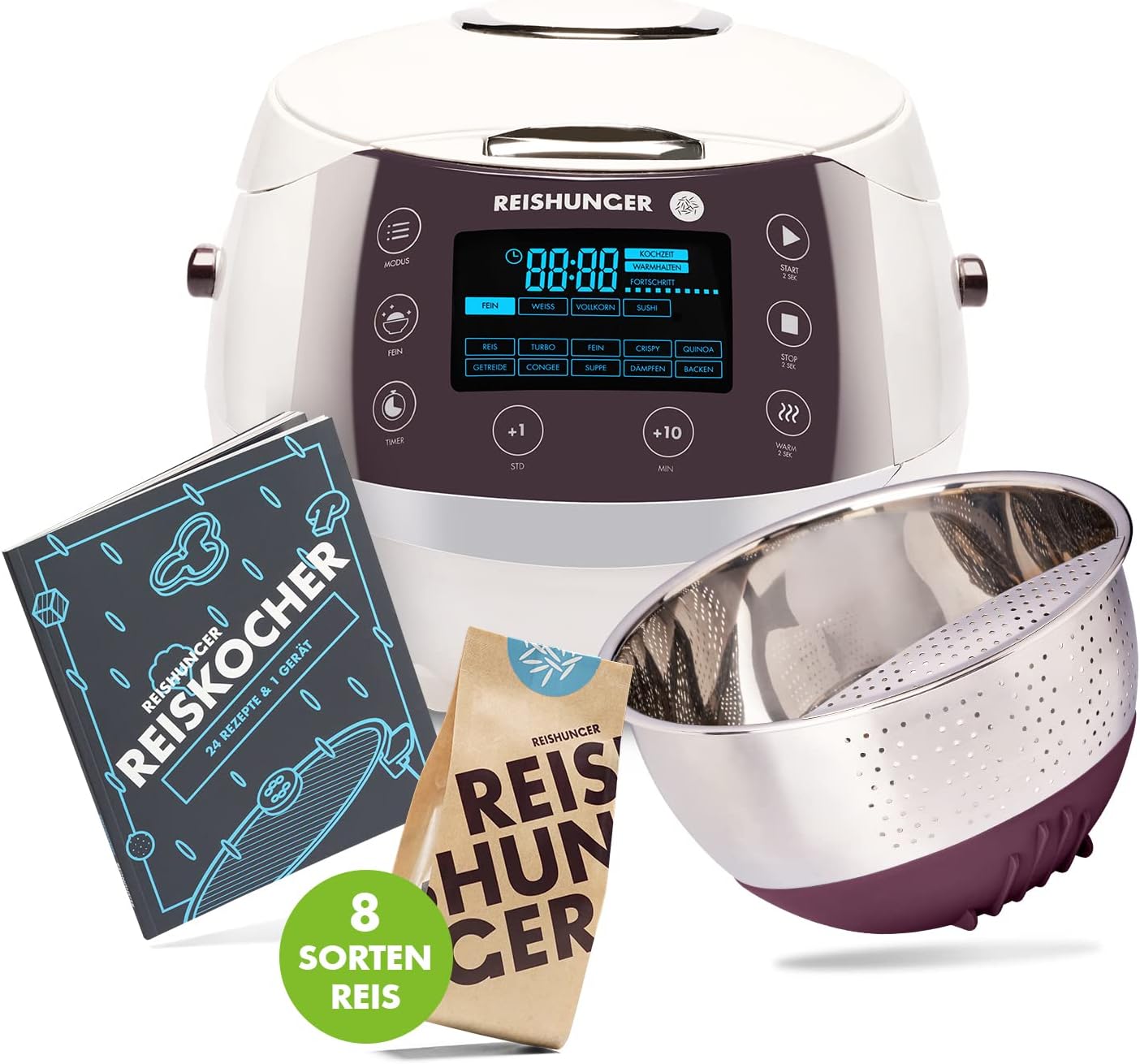 REISHUNGER Digitaler Reiskocher & Dampfgarer Schwarz | 1,5 L bis 8 Personen | Warmhaltefunktion, Timer & Premium Innentopf | Multikocher, 12 Programme, 7-Phasen-Technologie