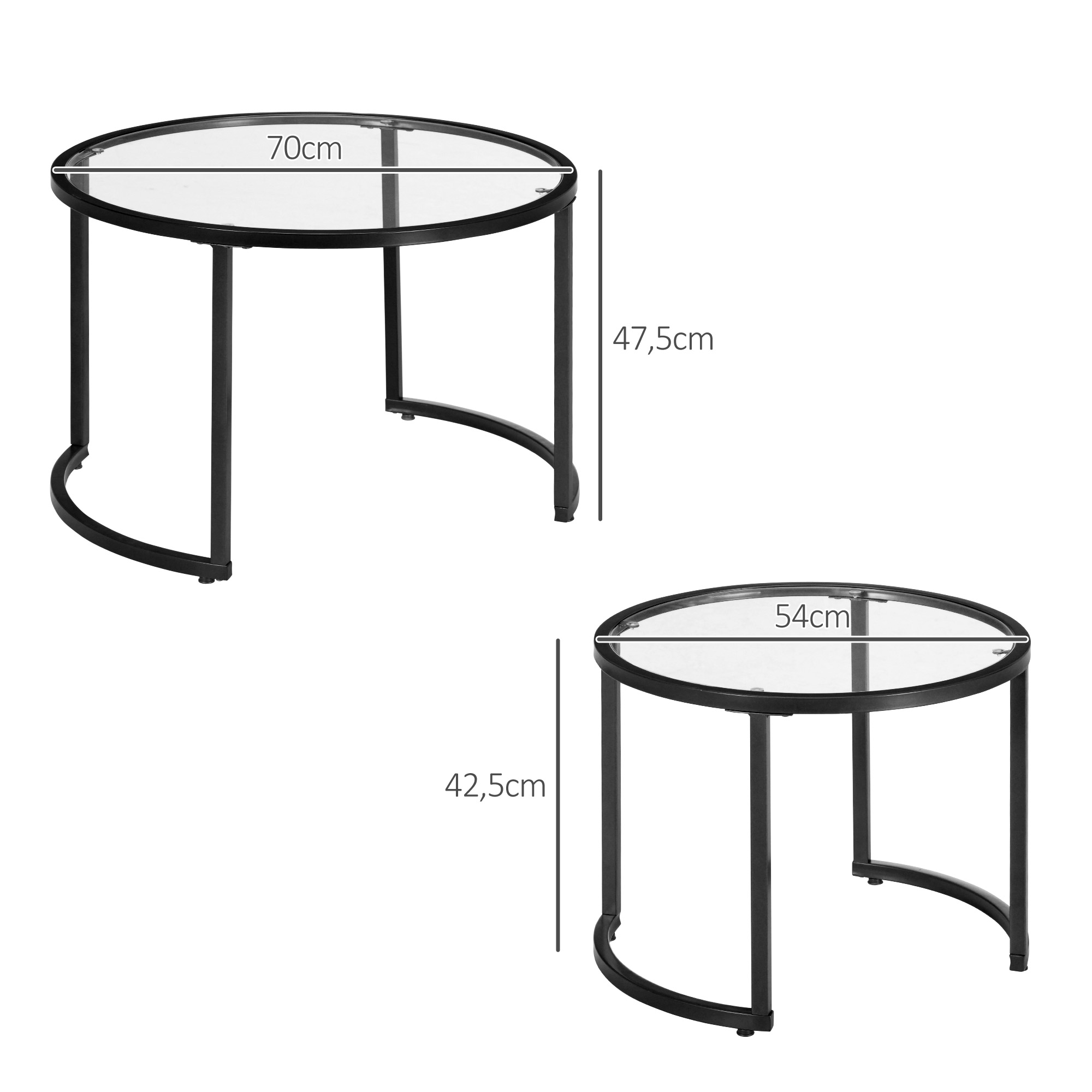 2-delige Bijzettafels Salontafels Industrieel Design, Glazen Tafels, stapelbaar, Zwart + Transparant