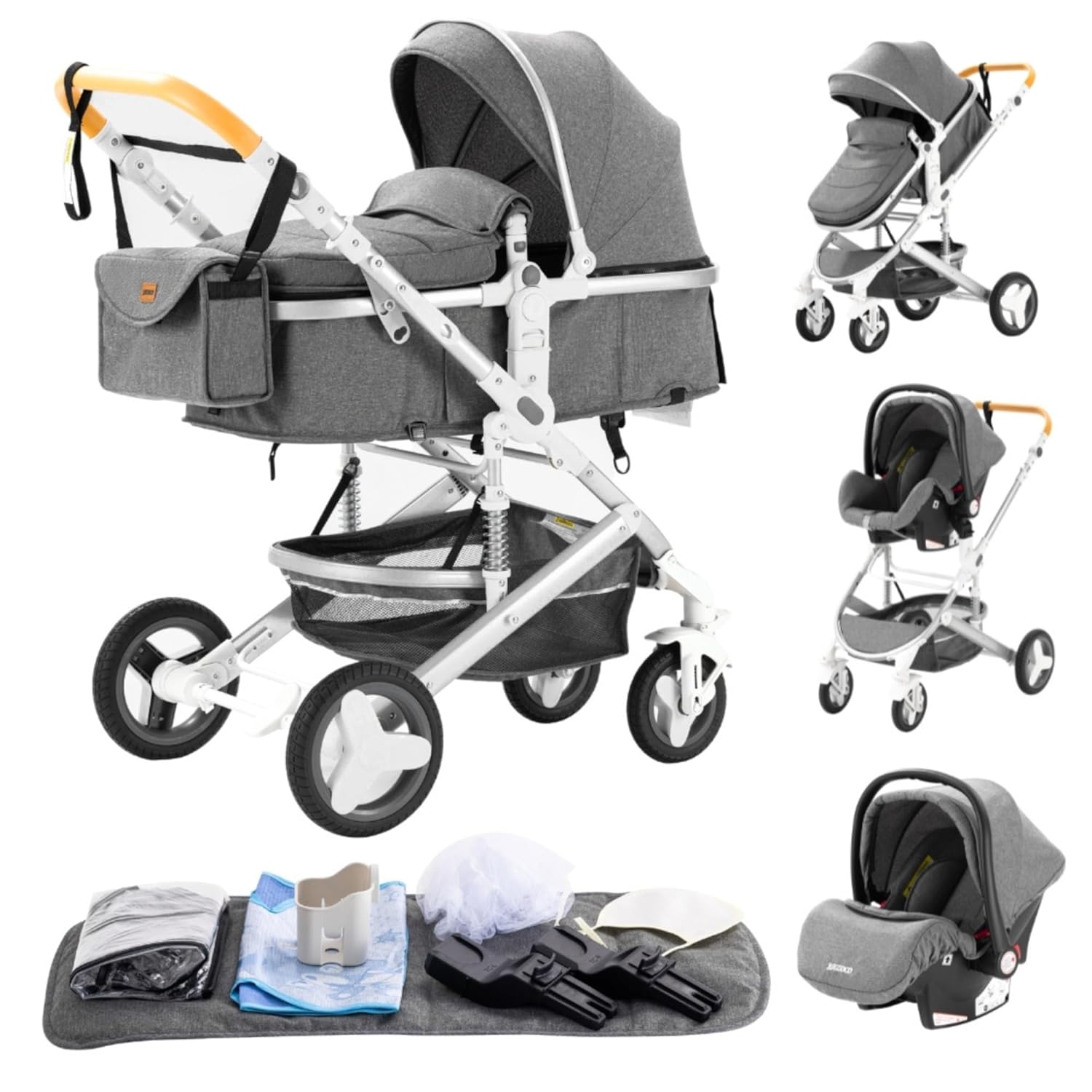 YAZOCO kinderwagen 3 in 1, Zusammenklappbar kinderwagen mit Wickeltasche,Komplettset Becherhalter,Moskitonetz, Fußabdeckung,Sitzzubehör (4 Rosa)
