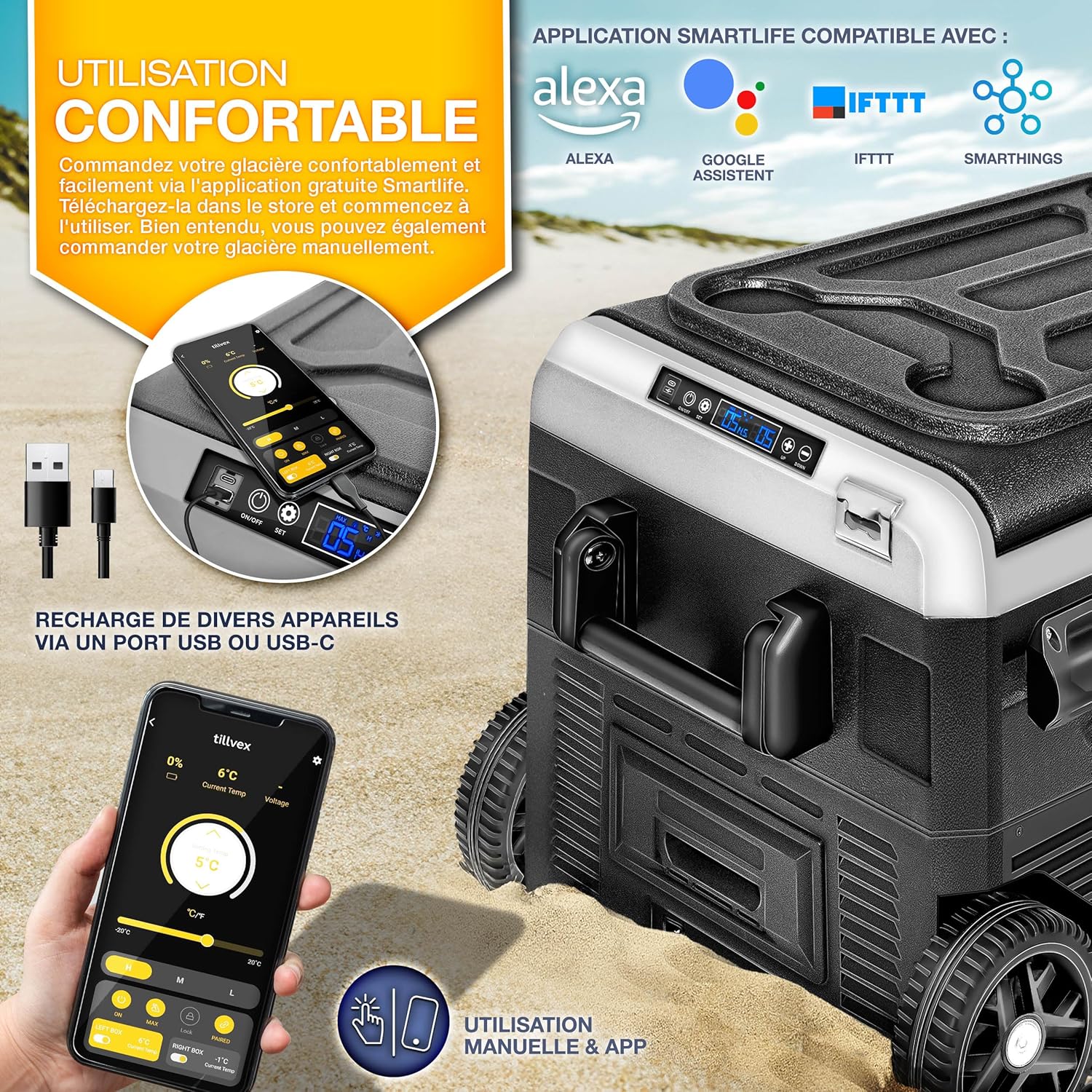 tillvex Glacière à Compresseur | Congélateur Electrique avec Contrôle WiFi-APP, Port USB, 12/24 V 230V | Réfrigérateur jusqu'à -20 °C pour Voiture, Camion, Bateau, Camping-Car, Camping (Gris, 50 L)