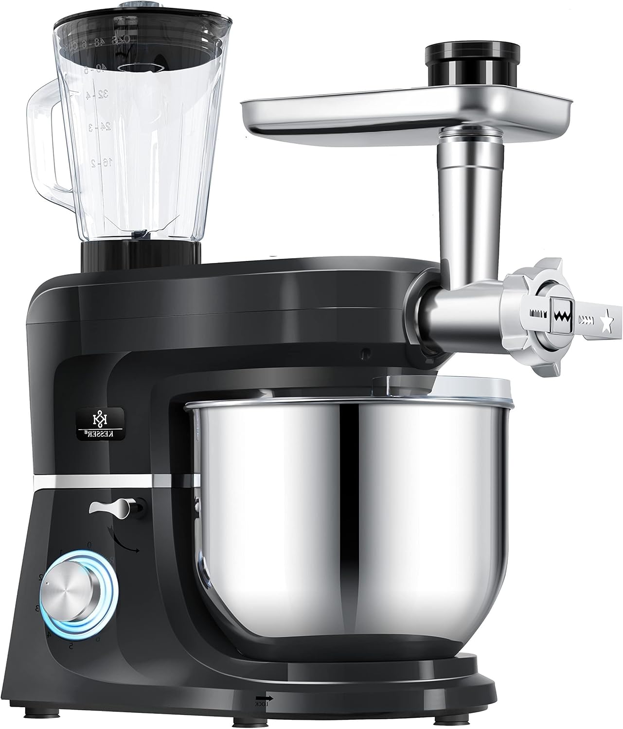 KESSER® 3 in 1 Universal Küchenmaschine K-KM 3000 mit Fleischwolf Knetmaschine Multifunktionale Rührmaschine 5,5L Schüssel mit 3 Rührwerkzeuge, 1,5L Entsafter, Zubehör-Set, Pasta & Gebäckformen