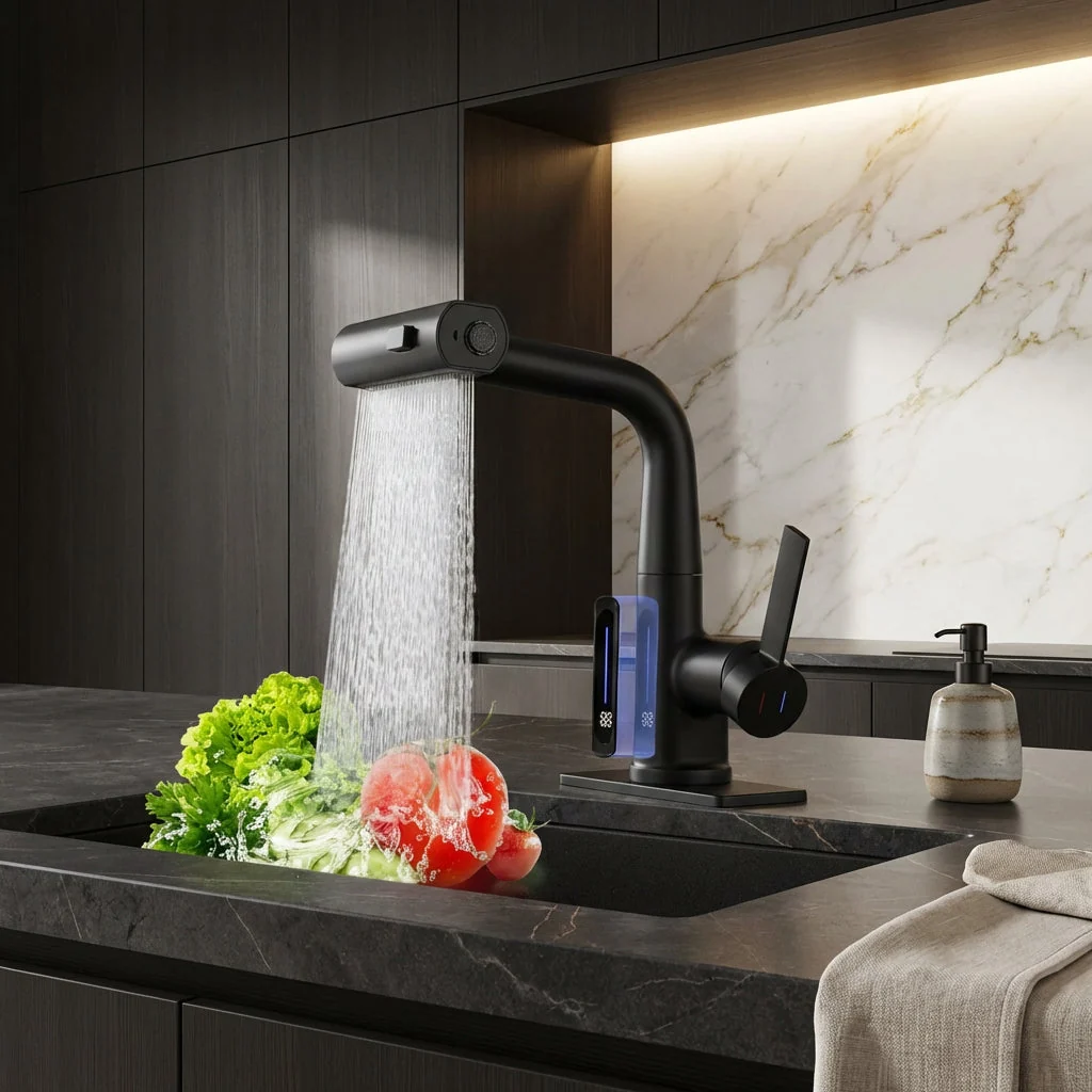 Flexibler Wasserhahn mit LED-Temperaturanzeige und 5 Strahlmodi �C moderne K��chen- und Badarmatur