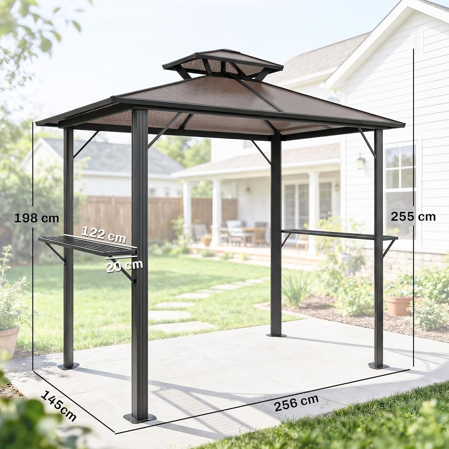 Outsunny Grillpavillon 2,5 x 1,5 m, Wasserdicht Grillüberdachung mit Doppeldach aus Polycarbonat Seitenregalen Aluminiumrahmen UV-Beständige Grill Pavillon Grillzelt für BBQ Garten Party Braun