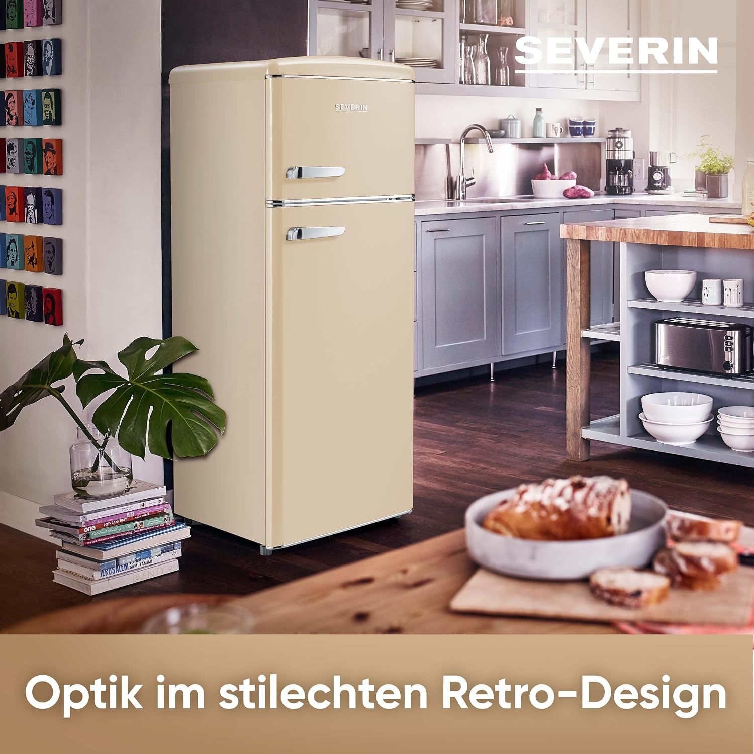 SEVERIN Retro - Kühl-/ Gefrierkombination, platzsparendes Raumwunder, 4 x höhenverstellbare Abstellflächen und eine große Veggiebox, 206 L Nutzinhalt, creme, RKG 8933