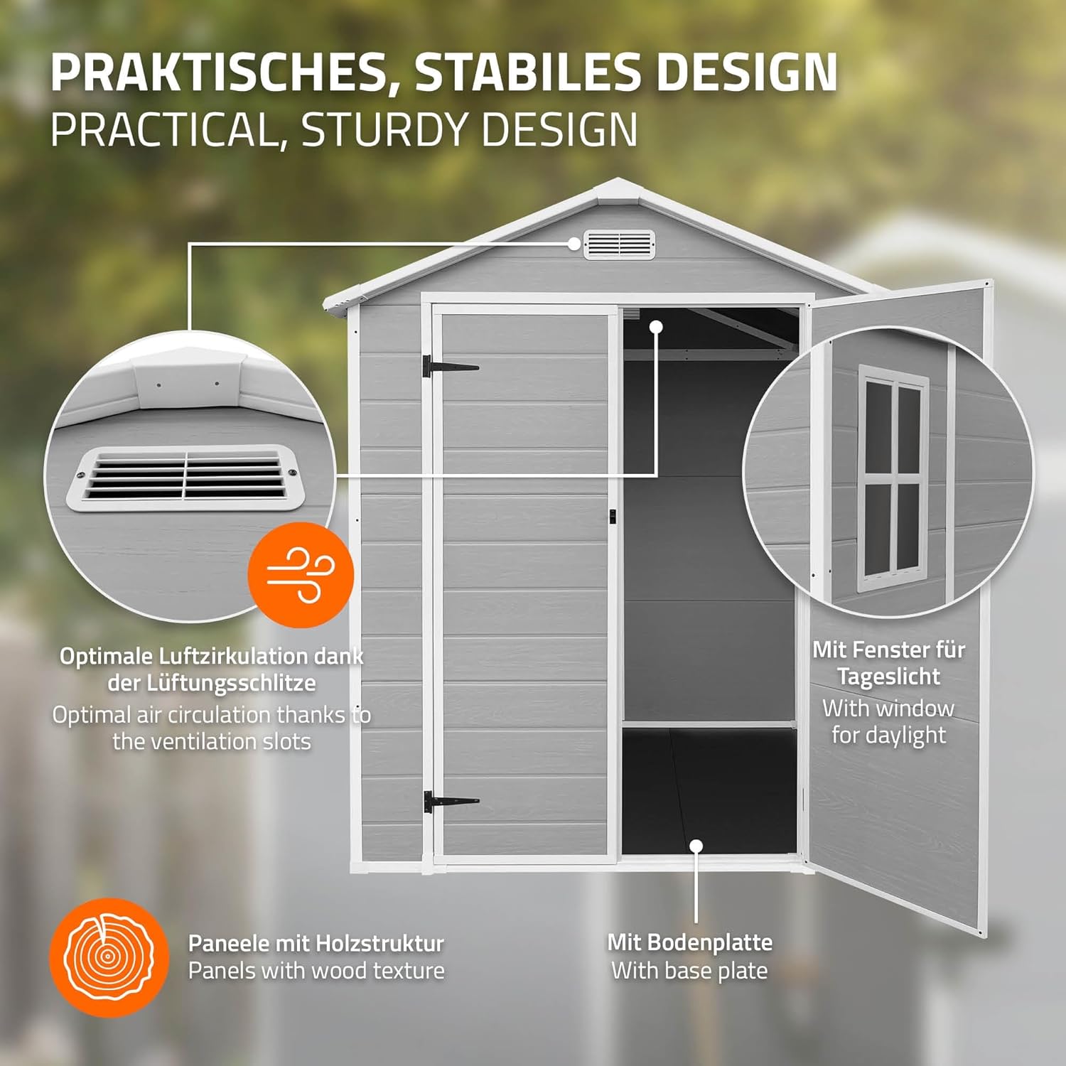 ECD Germany Gartenhaus Kunststoff mit Boden, Gerätehaus wetterfest, 5m³, 151x182x220 cm, Hellgrau, Geräteschuppen mit Satteldach, Fenster, Doppeltür & Belüftung, Gartenschuppen, Outdoor Aufbewahrung