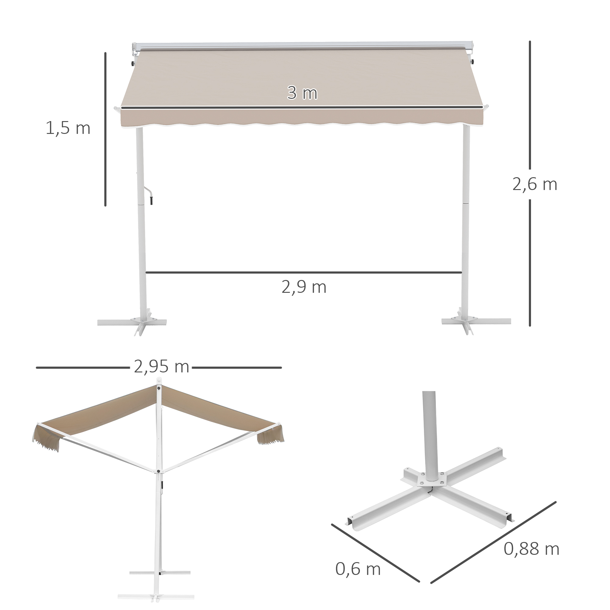 Staande luifel met knikarm tuinluifel luifel zwengel cr��me 2,95 x 2,94 m