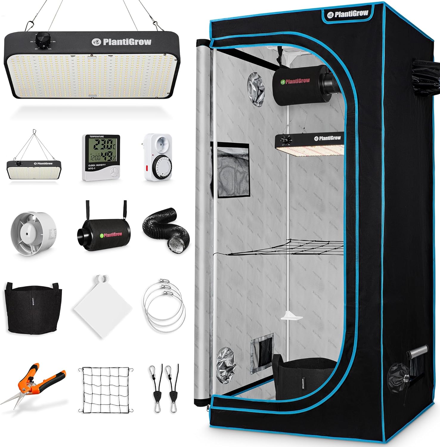Growzelt Komplettset – Indoor Gewächshaus mit 150W Vollspektrum LED Lampe (Dimmbar), 1680D, Carbon-Filter, Inline-Kanalventilator, Abluftschlauch (80x80x180cm)