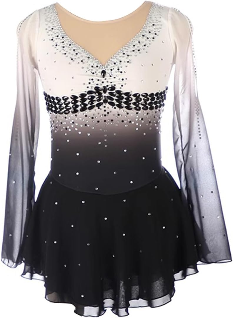 purpleq Eiskunstlauf Kleid Mädchen Kürkleid Frauen Gradient Lange Ärmel Handgefertigter Eislauf Performance Rock Strass Gymnastikanzug Ballett Tanz Tragen Outfit Asymmetrisch Rock