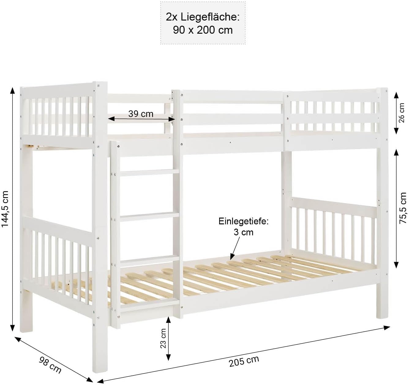 Homestyle4u, Etagenbett 2 Kinder 90x200 mit Treppe Weiß Holz Kiefer Hochbett 90x200 teilbar zu 2 Kinderbetten Doppelstockbett