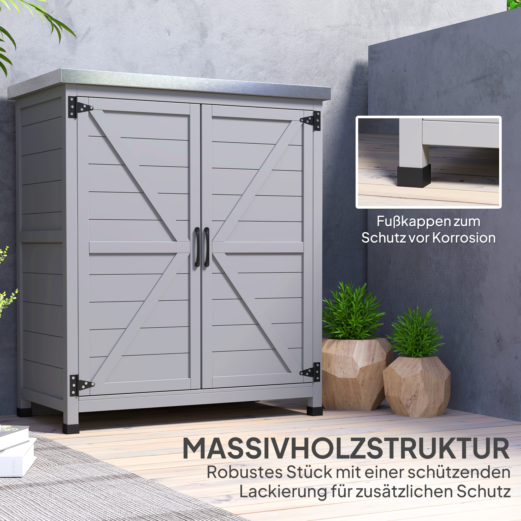 Tuinkast, Buitenkast met Werkvlak, Gereedschapskast, Massief Hout, Staal, 79B x 43D x 92H cm, Grijs