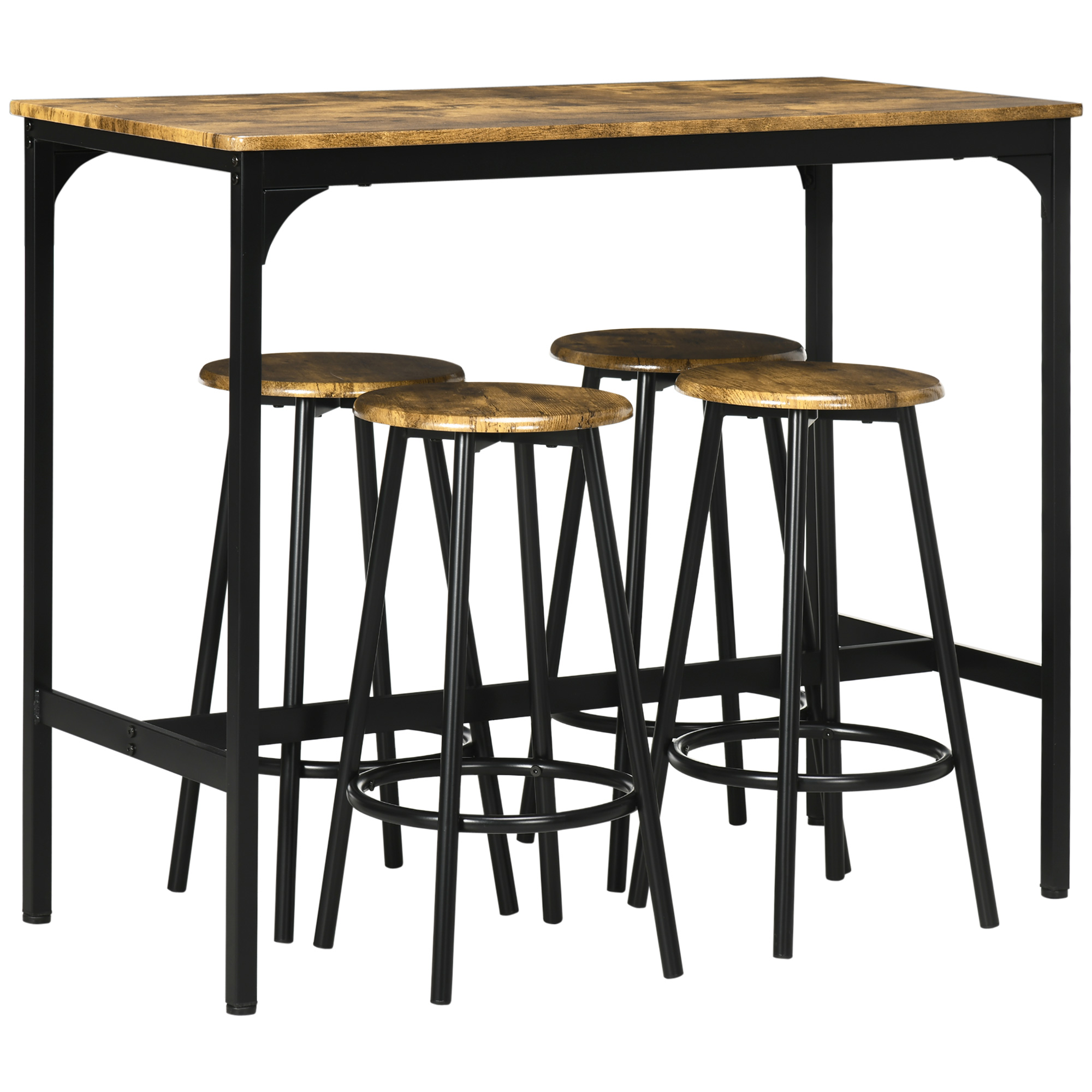 5-delig. Bartafelset met industrieel design, 1 bartafel, 4 barkrukken, bankstel, aanrecht, zwart+bruin