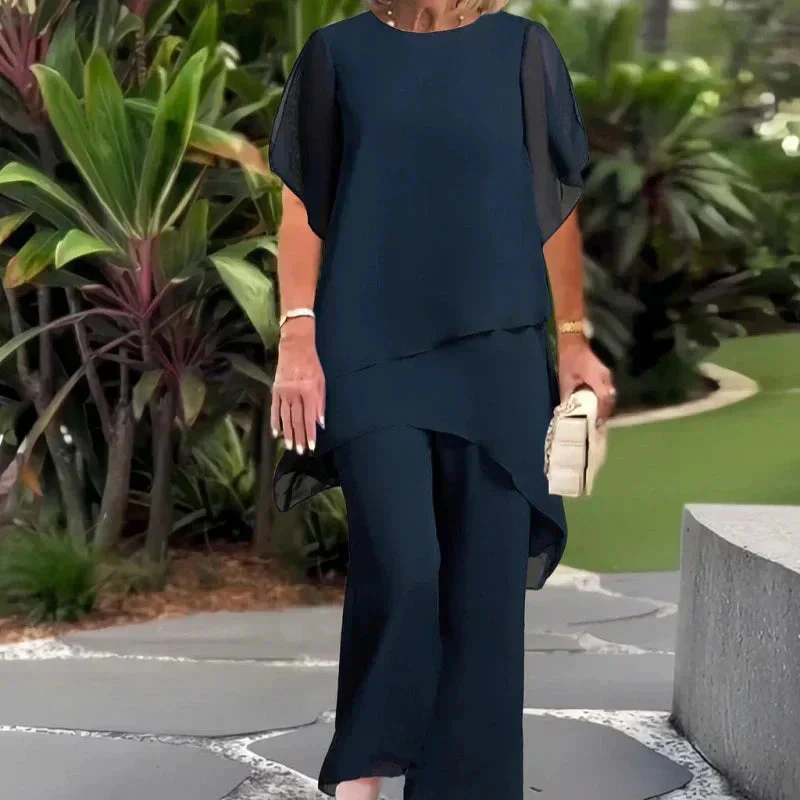 Zweiteiliges Chiffon-Set �C Asymmetrisches Lagen-Oberteil & Hose f��r Damen