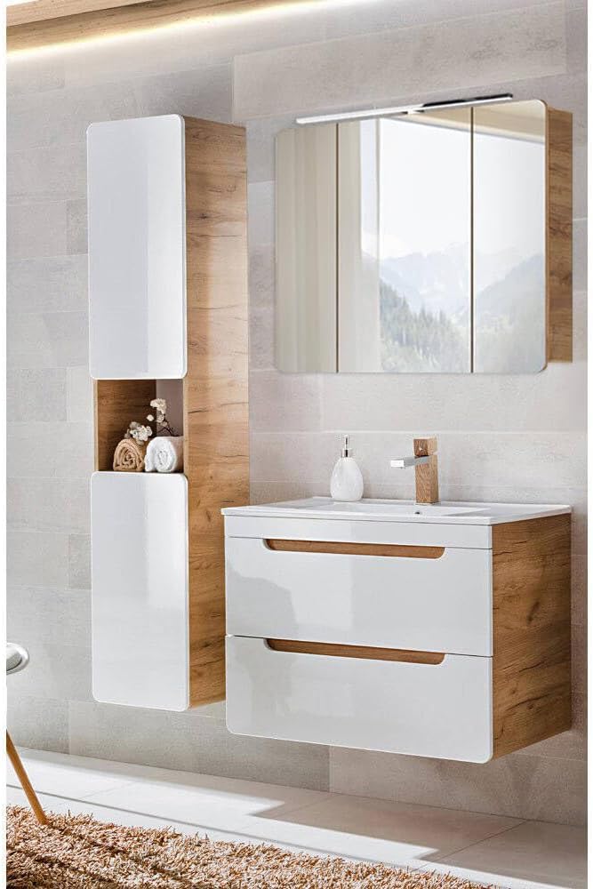 Lomadox Badmöbel Set in Hochglanz weiß mit Wotan Eiche Nb., Keramik-Waschtisch mit 81 cm Unterschrank, LED-Spiegelschrank, Hängeschränke, Hochschrank