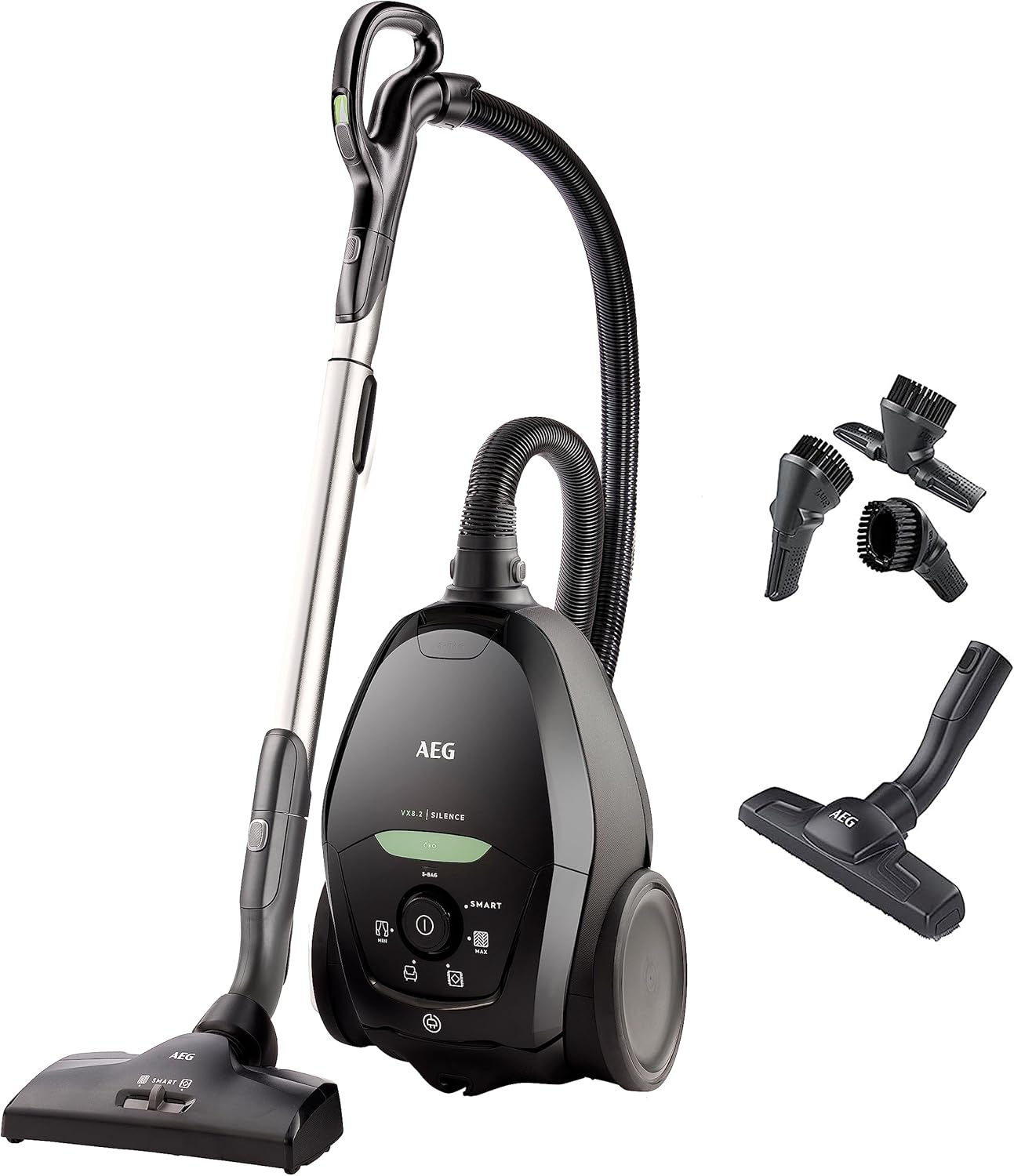 AEG VX82-1-KO Staubsauger / 75% Recyclingmaterial / autom. Saugkraftregulierung / extrem leise auch auf Teppich / Aufnahme von groen + kleinsten Partikeln / langes Kabel / 600W / schwarz