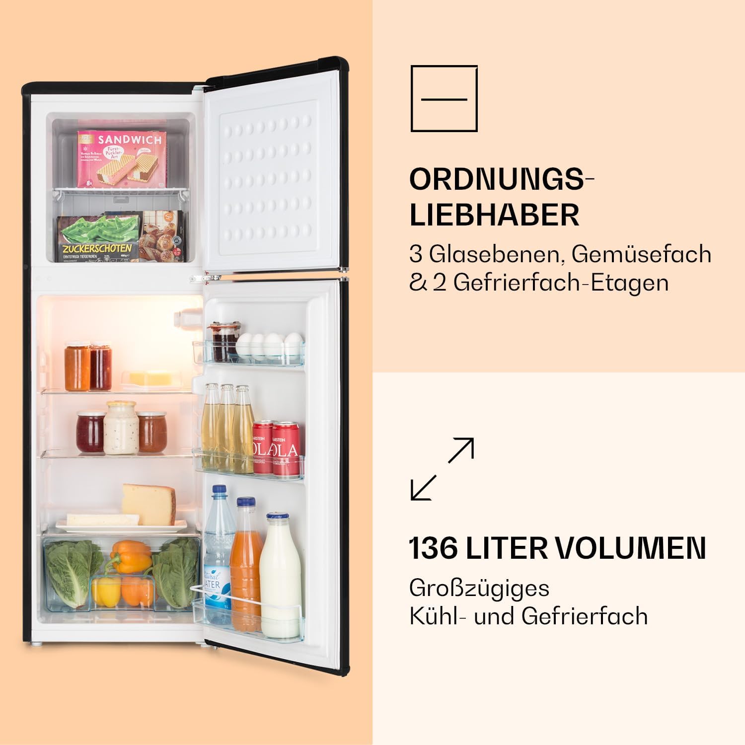 Klarstein Audrey Retro – Retro-Kühl-/Gefrierkombination, Kühl- und Gefrierschrank, Kühlschrank, stufenlos einstellbare Kühlleistung, Innenbeleuchtung, 41 dB Betriebsgeräusch, Schwarz