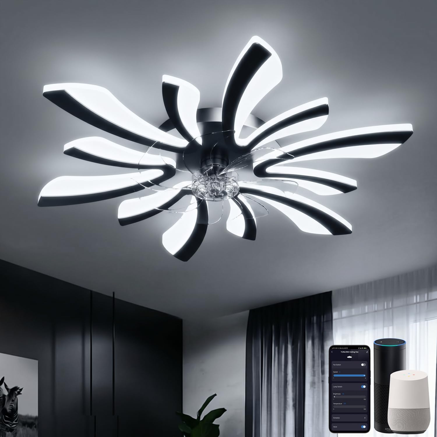 Smart Deckenventilator mit Beleuchtung, WiFi Lampe mit Ventilator Leise Kompatibel mit Alexa Google Home, Sprach/Fernbedienung/App Steuerung, für Schlafzimmer, Küche, Schwarz