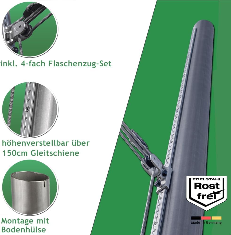 Sonnensegel Pfosten Set - ø101,6mm, höhenverstellbar 3m, aus V2A Edelstahl inkl. Zubehör - 4-Fach Flaschenzug-Set & 0,75m Bodenhülse | Befestigung für sehr große Segel (2er Set)